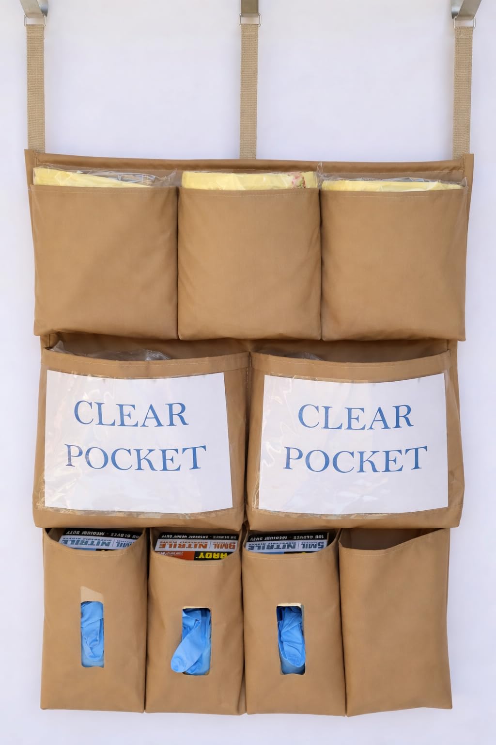 It's Sew EZ Personal Protection Equipment (PPE) Isolation Door Caddy - 9 Pockets - NFPA-701 Fire Retardant Nylon Oxford with Three Stainless Steel Hooks included (Tan, Large 9 pockets)