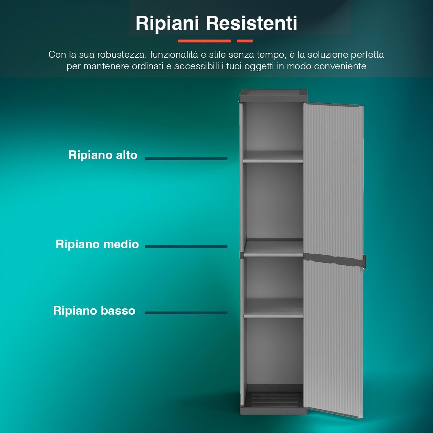 Avilia Armadio da Esterno Alto 1 Anta - Mobile Modulare Salvaspazio con 4 Ripiani, Montaggio Facile, Ottimo per Esterni e Interni, in Resina Termoplastica, Grigio e Nero, 34x39.5x168cm, Made in Italy
