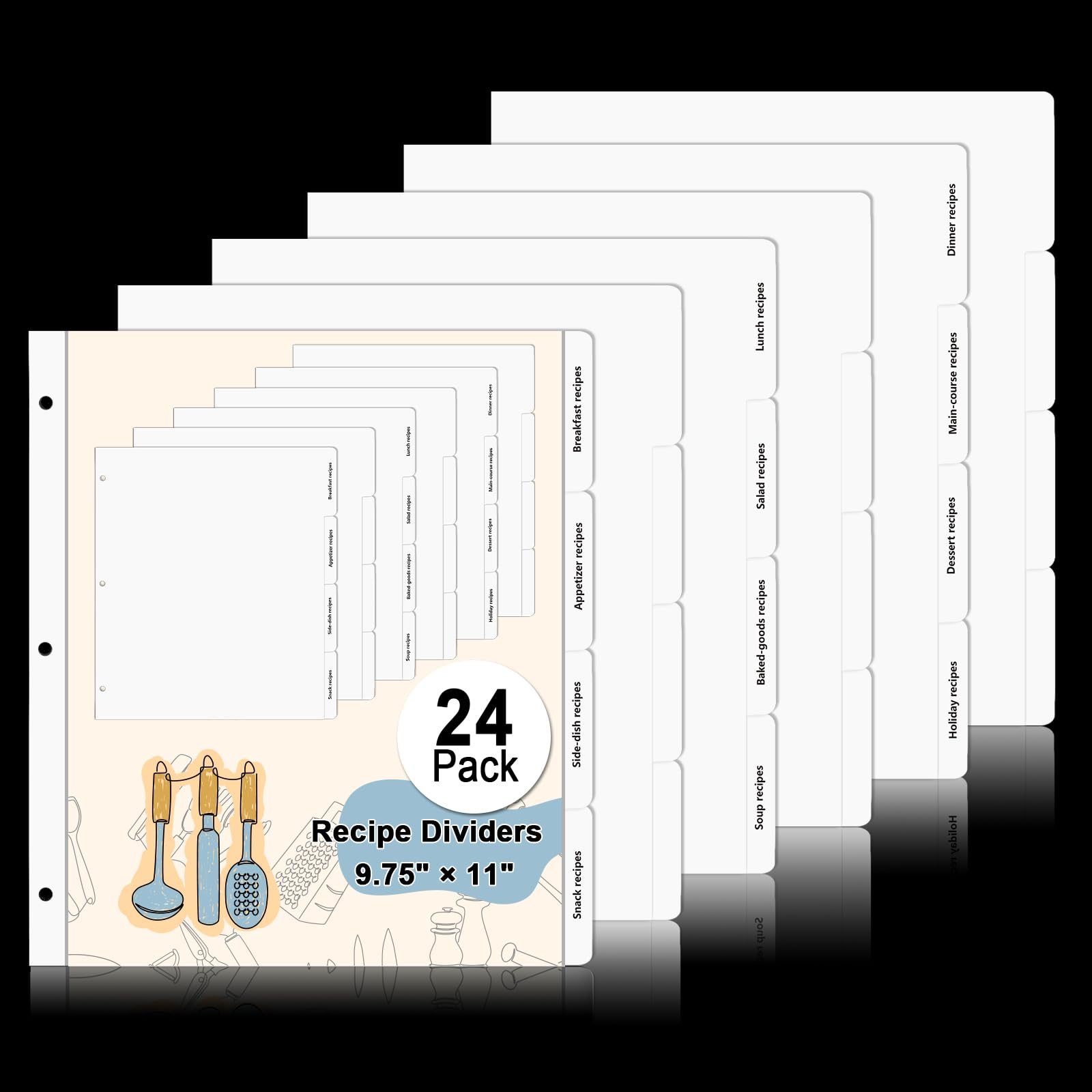 Recipe Dividers for 3 Ring Binder Set 9 3/4”×11” Black and Pre-Printed Recipe Binder Dividers Recipe Organizer Personalized Family Recipe Binder (24)
