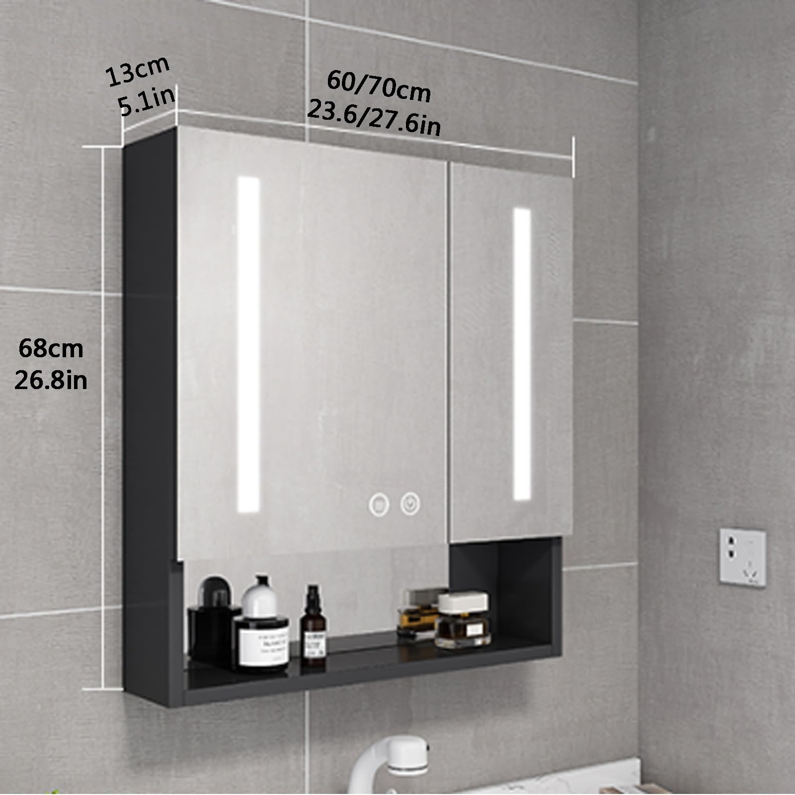 Aluminiowa apteczka ze światłami LED, inteligentne przechowywanie przeciwmgielne, oświetlenie do toaletki, przełącznik dotykowy, uchwyt na suszarkę do włosów, z otworami na papier higié