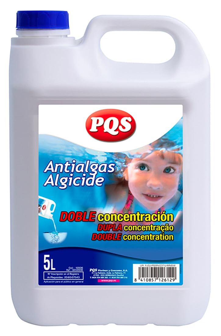 PQS Antialgas Doble Concentración para Piscinas – Alguicida Líquido Uso Público – Registro 20-60-07543 – Sin Espuma ni Residuos – Compatible con Otros Tratamientos – Garrafa 5 L