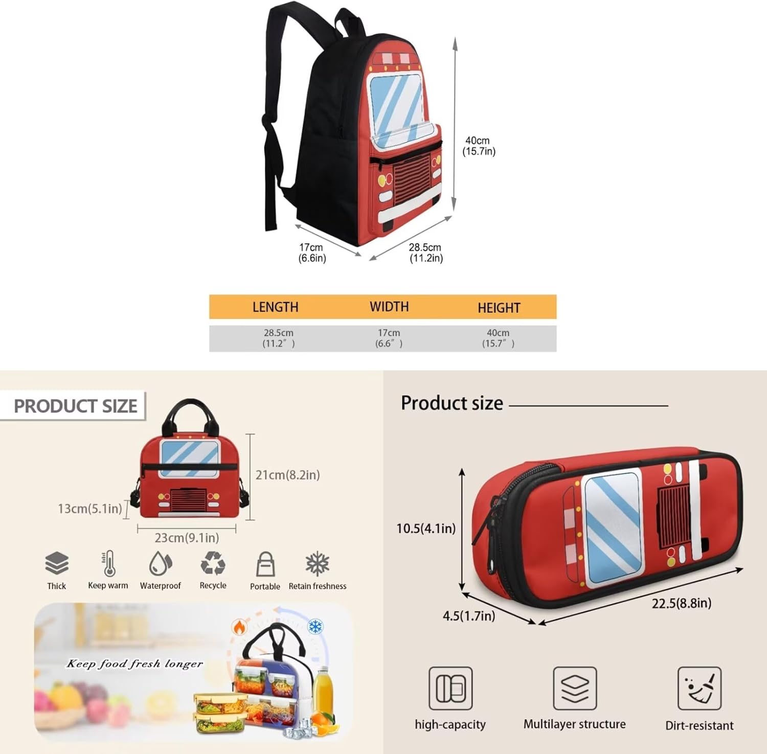 Cartoon Fire Engine Backpack for Boys 3PCS Boys Backpack with Lunch Box Pencil Case Set School Backpacks for Boys Kids Elementary Middle School College Book Bag for Children Students