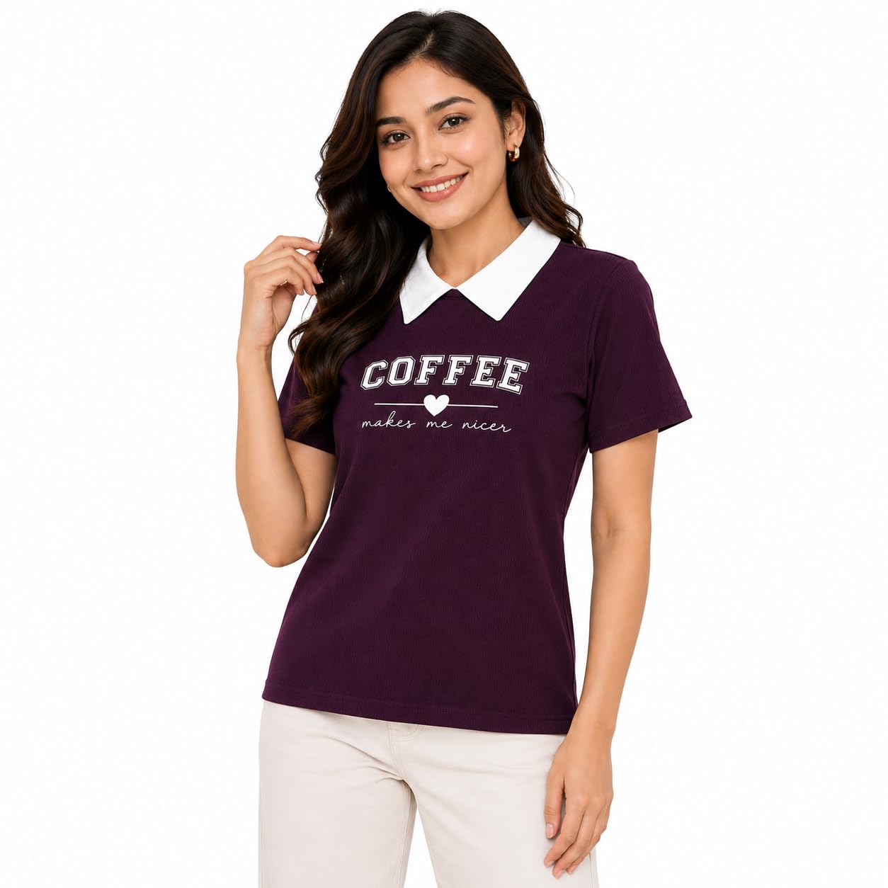 black buddy Women's Coffee Printed Polo Collar Half Sleeve Ribbed T-Shirt-picture-26