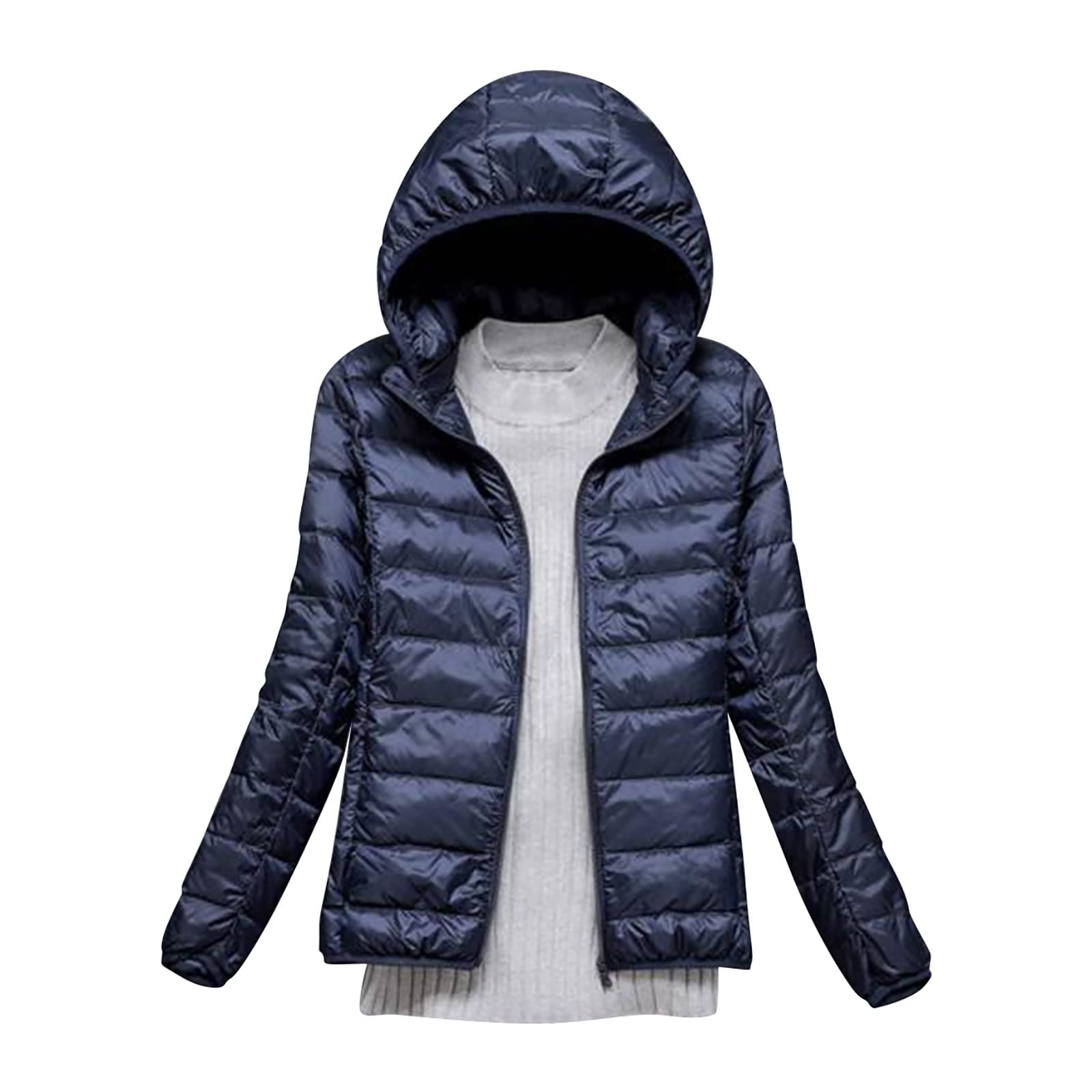 Generisch Piumino invernale da donna, leggero, sottile, per le mezze stagioni, casual, trapuntato, con berretto rimovibile, taglie forti, calda giacca per esterni