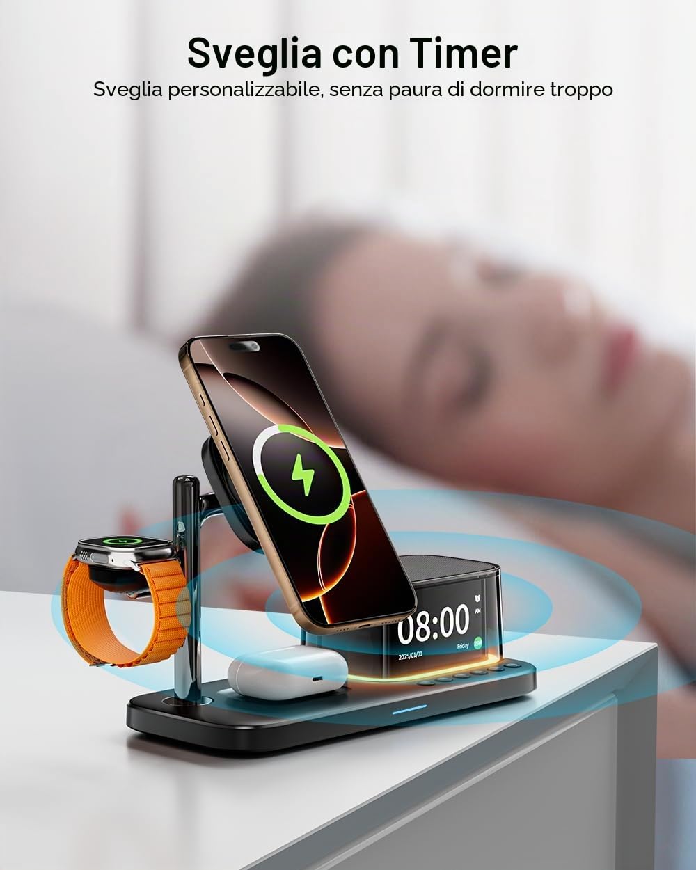 45W for Apple MagSafe Charger Stand 5 in 1, Qi2.2 25W Magnetic Wireless Charger Fast Charging Station, Alarm Clock Speaker Night Light, Charging Dock for iPhone 17 16, 5W Apple Watch 11 Ultra
