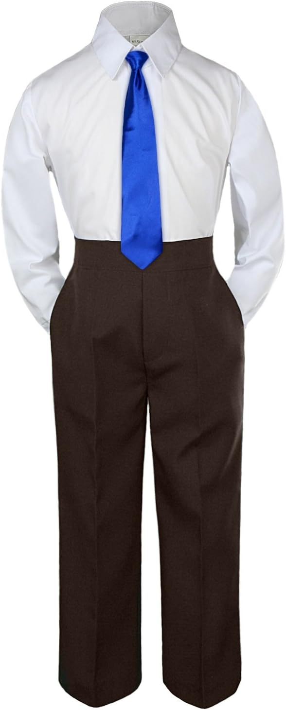 Leadertux 3pc Formal Baby Toddler Boys Royal Blue Necktie Brown Pants Suits S-7