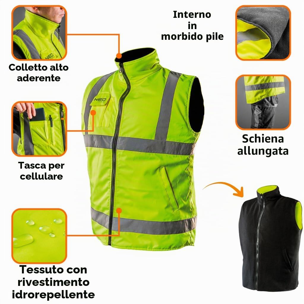 NEO TOOLS Giubbotto di sicurezza professionale 2 in 1, guanto da lavoro, reversibile, riflettente su un lato, gilet in pile, dimensioni: S-XXXL