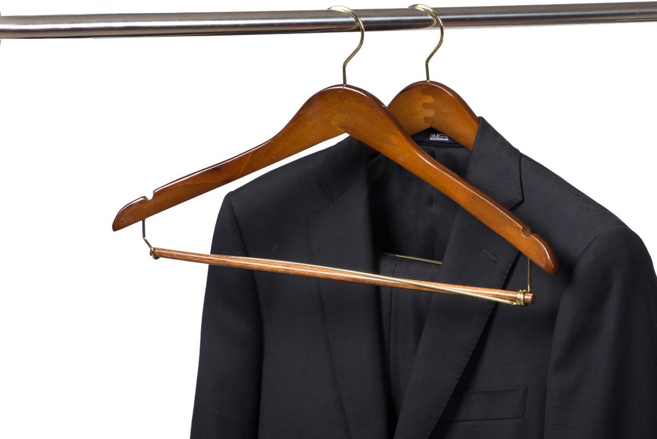 Quality Hangers Wooden Hangers Beautiful Sturdy Suit Curved Hangers Great for Travelers Heavy Duty Coat Hanger with Locking Bar Gold Hooks (5 Pack)