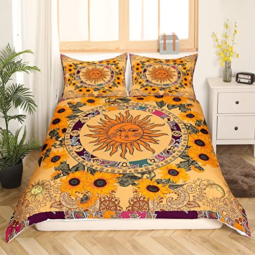 Erosebridal Yellow Sun And Moon Comforter Cover Set Full Size,Sunflower Duvet Cover Vintage Indian Boho Floral Bedding Set Colored Mandala Paisley Bedclothes Tribe Bohemian Style Indie Room Decor #TOP2