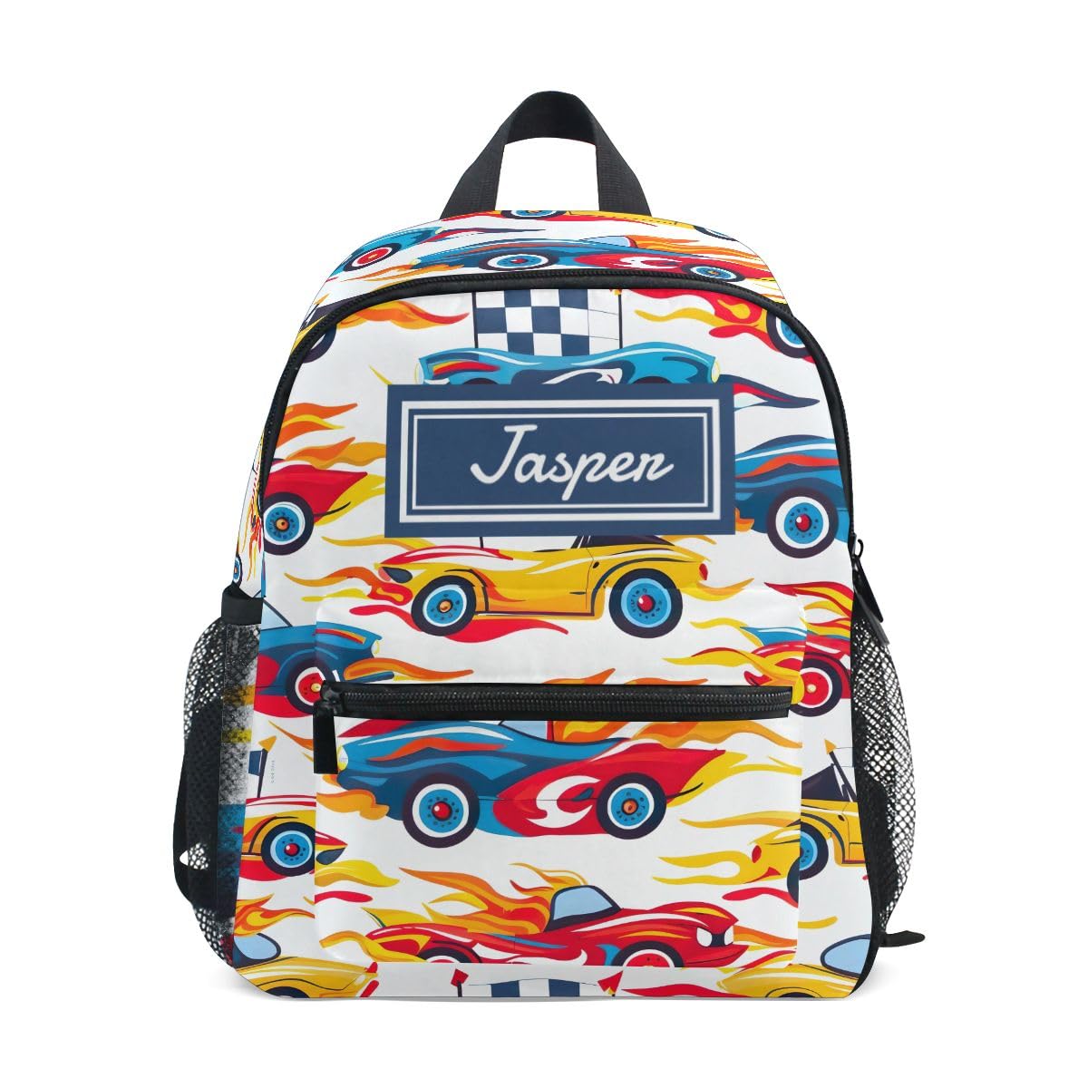 CHIFIGNO Custom Colorful Racing Cars Kids Backpack, Personalized Travel Back Pack with Name Text Cute Backpacks for Boys and Girls