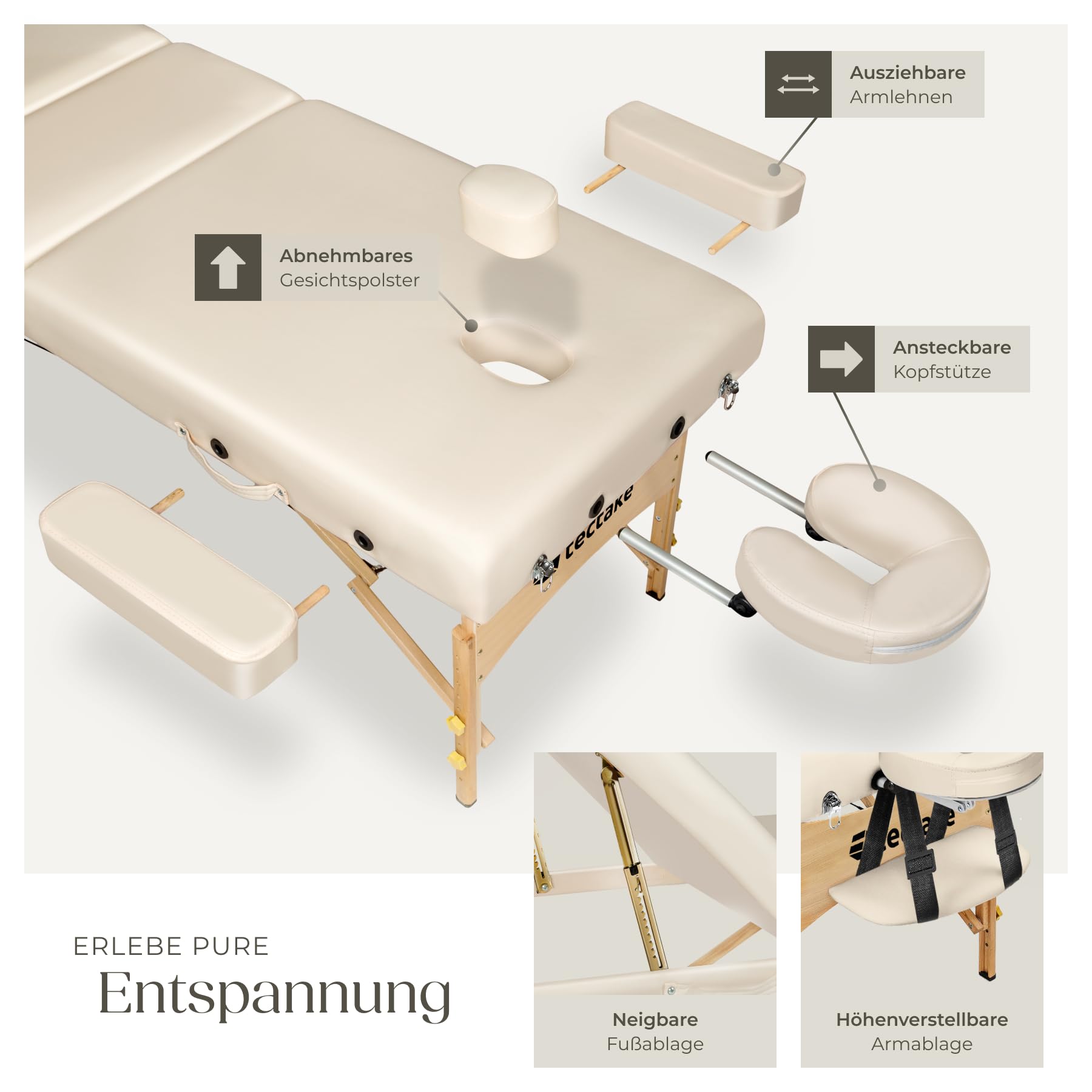 tectake höhenverstellbare Massageliege klappbar mit 3 Zonen, Massagetisch, 10 cm Polsterung, Mobile Massageliege, Kopf- und Armstütze, Massagebank mit Holzfüßen, Zubehör Tragetasche - beige