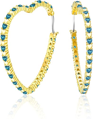 G&GEMSJEW Gold Big Heart Earrings Women Colorful Cubic Zirconia Big Hoops Earrings 18K Gold Plated Heart-shaped CZ Heart Crystal Earrings