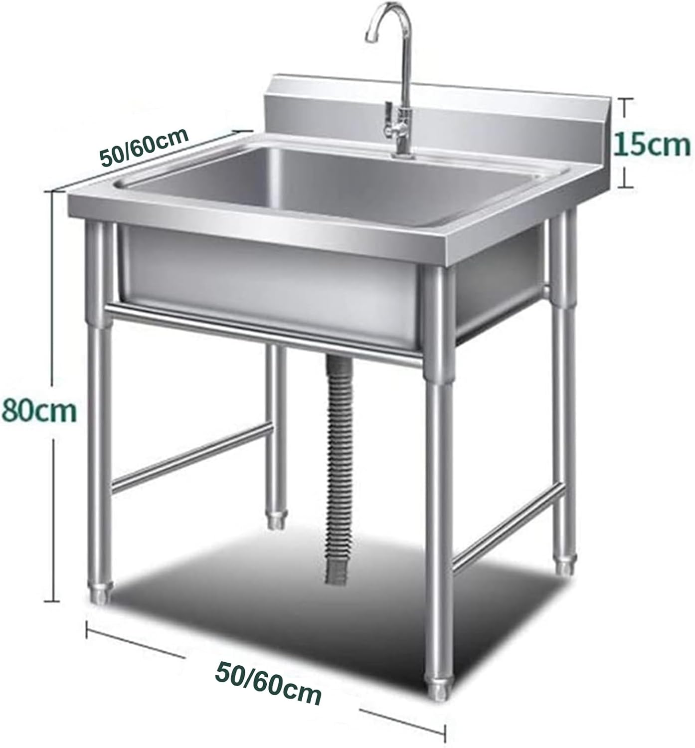 304 Stainless Steel Sink, Commercial Kitchen Sink, Utility Washing Hand Basin with Cold Faucet, Laundry Tub for Washing Room,Silver-60x60x80cm