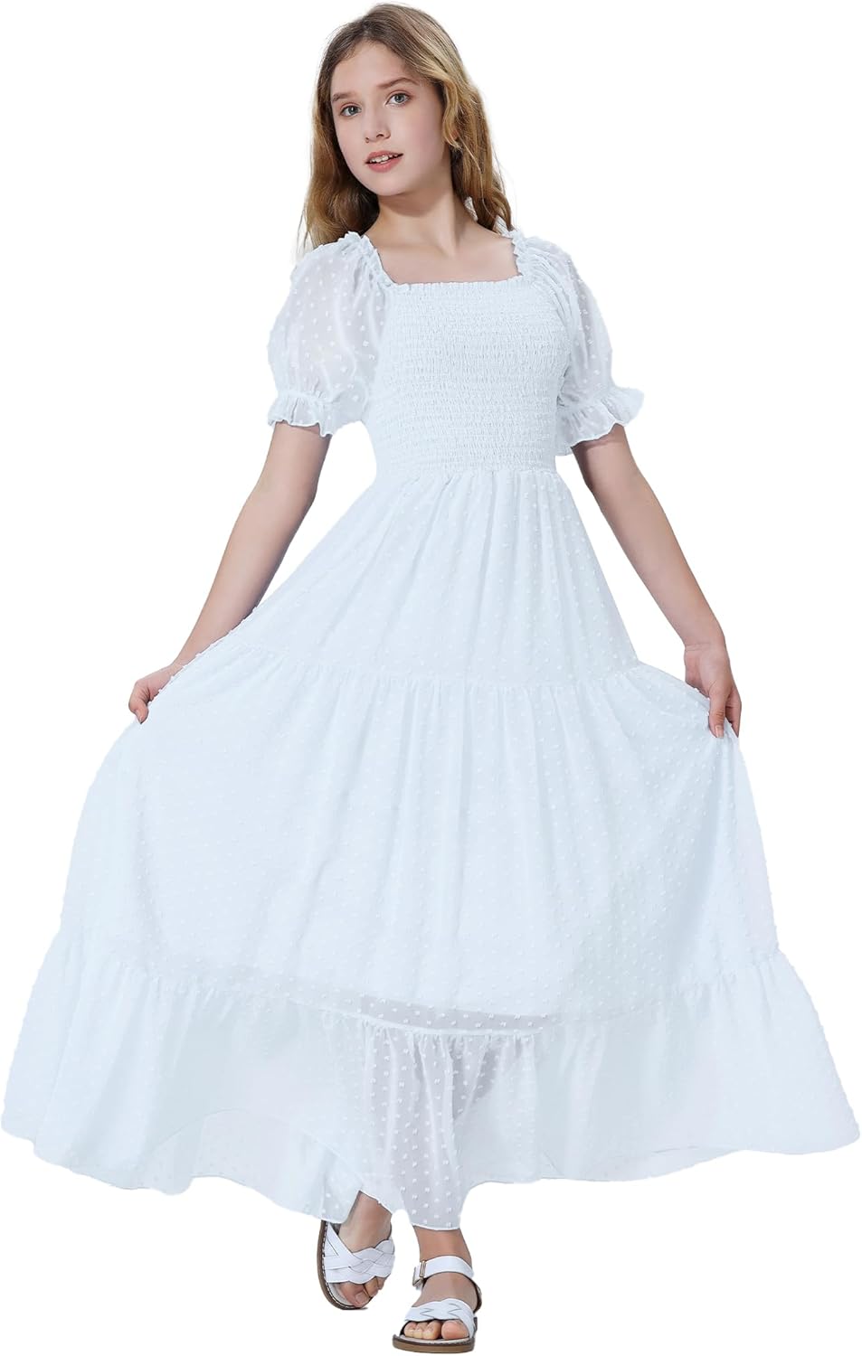 EXARUS Girls Maxi Long Smocked Dress Tween Swiss Dots Summer Square Neck Short Sleeve Casual A-line Dresses for 6-12Y