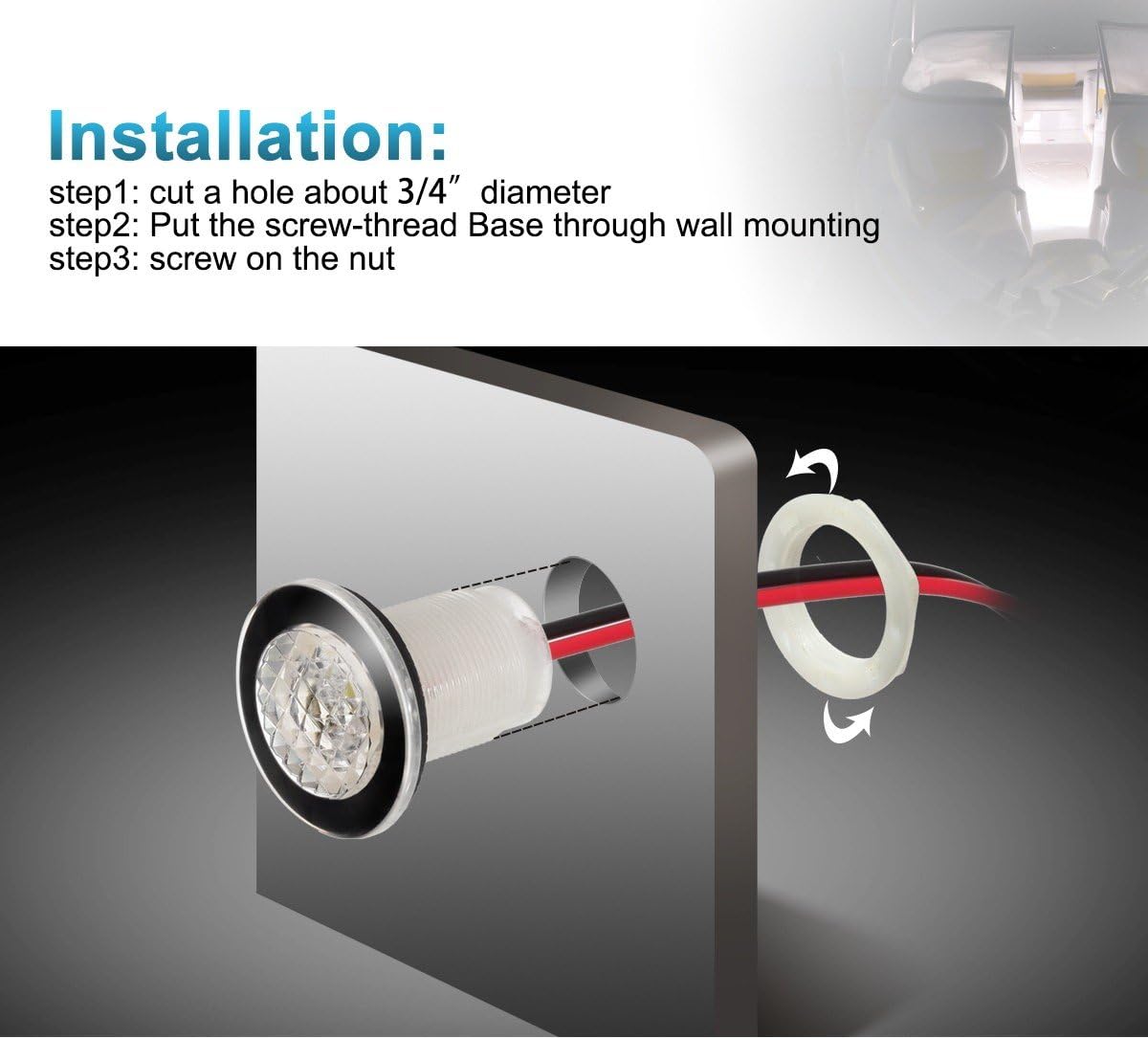 Partsam 4Pcs 1-1/4" Livewell Blue Outdoor Path Garden Yard Stair LED Deck Step Lights Clear Lens, Mini Round Led Boat Lights 12V Interior Exterior Under Water IP68 : Sports & Outdoors