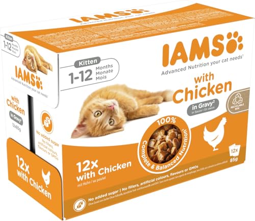 IAMS Delights Kitten Nassfutter - Multipack Katzenfutter mit Huhn in Sauce, hochwertiges Futter für Junior Kätzchen von 1-12 Monate, 12 x 85 g
