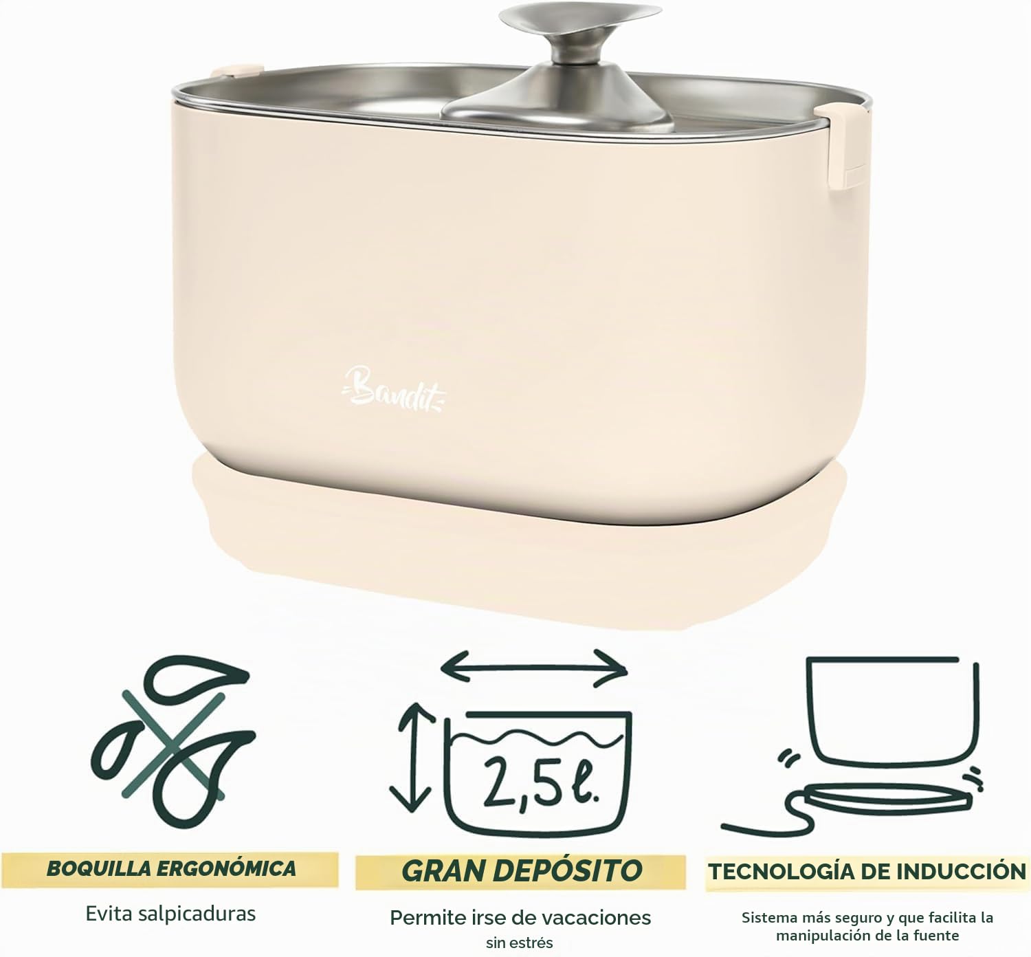 Bandit - Fuente de agua con cable para gatos de 2,5 L, filtración de 4 etapas, ultra silenciosa inferior 30 dB, acero inoxidable, bandeja y boquilla para lavavajillas y pesca | Filtración de 4 etapas, ultra silenciosa menos de 30 dB, acero inoxidable, fác