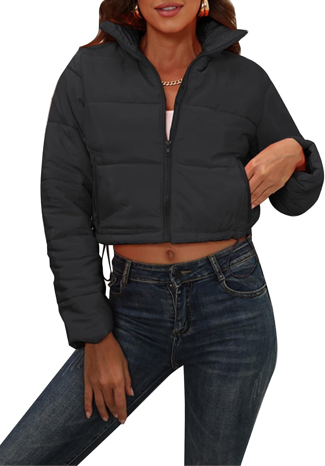 Flygo Women's Winter Cropped Puffer Jacket Zip Up Stand Collar Quilted Padded Coat
