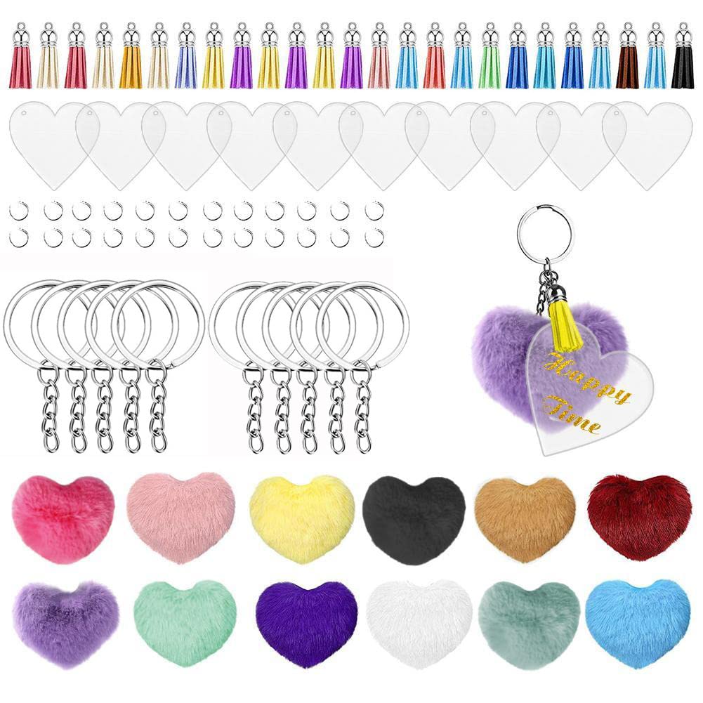 GoodernGoodern Acrylic Keychain Blanks with Tassels Kit,Including Clear Acrylic Heart Shaped Blanks Mini Plush Ball Keychain Tassels Key Chain Rings and Jump Rings for Crafting Vinyl Projects DIY Supplies