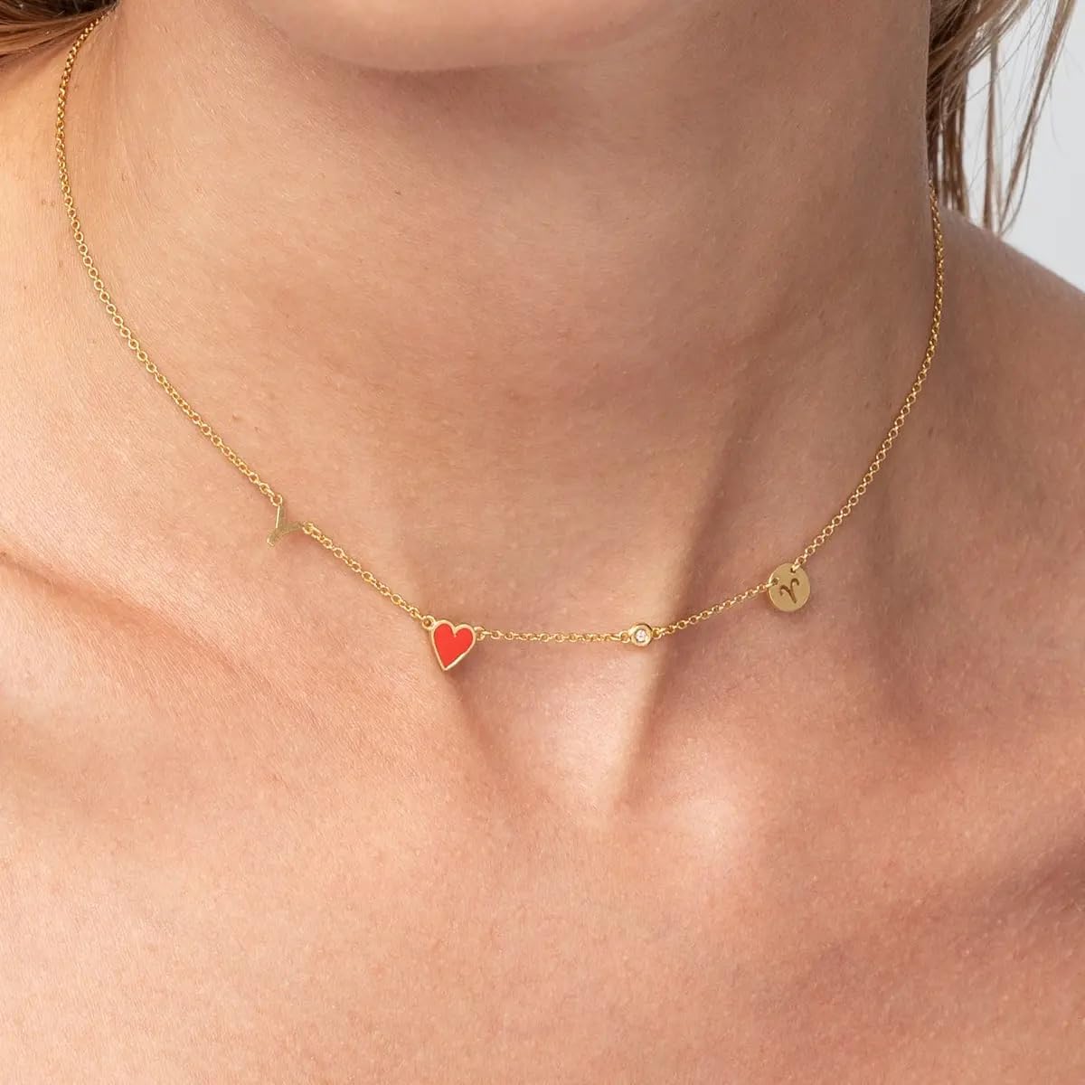 Personalized Red Heart Inez Initial Necklace with Small or Big Diamond - Custom Initial & Zodiac Sign - Jewelry for Her, Women - Dainty Gift for Mother's Day, Birthday, Christmas