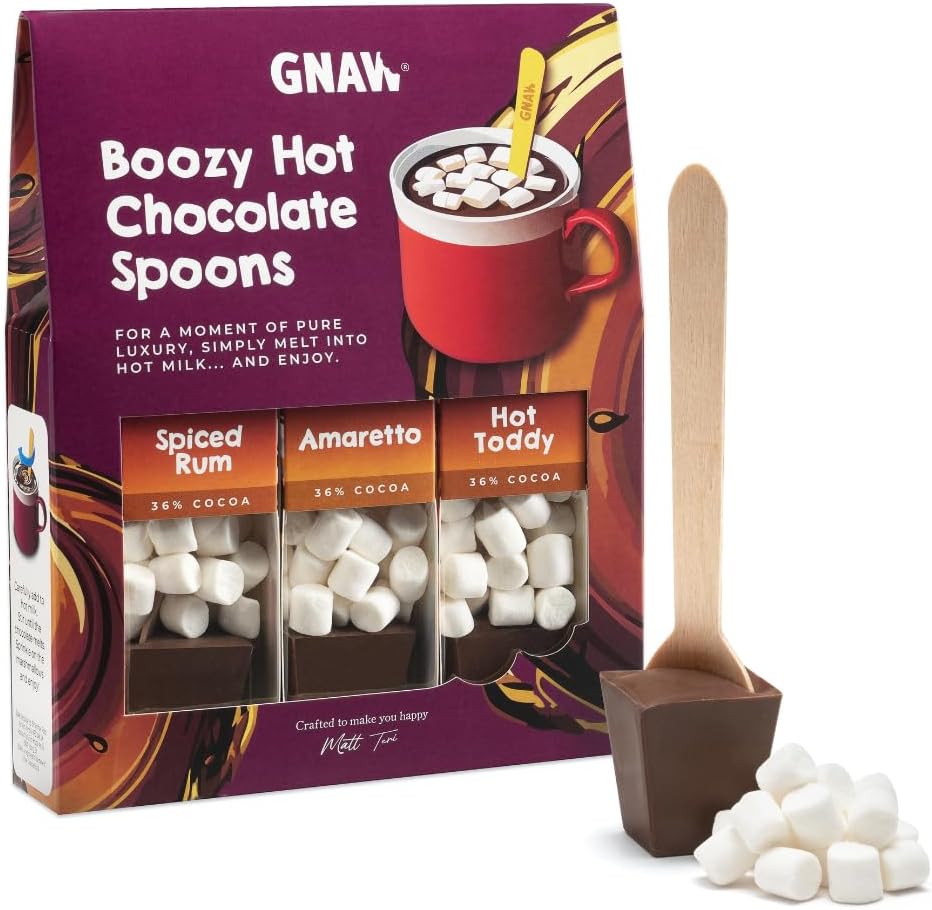 Boozy Hot Chocolate Spoons Gift Set – Spiced Rum, Amaretto & Hot Toddy Flavours, Including Marshmallows for Luxury Hot Chocolate Indulgence – Spoon Stirrers for Rich, Café-Style Mugs, 3 x 40g