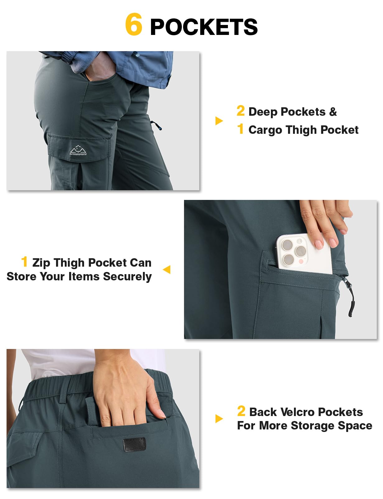 donhobo Pantalon de randonnée pour femme - Léger et respirant - Pantalon cargo - Imperméable - Séchage rapide - Stretch - Pantalon d'extérieur - Protection UV - Pantalon fonctionnel avec 6 poches