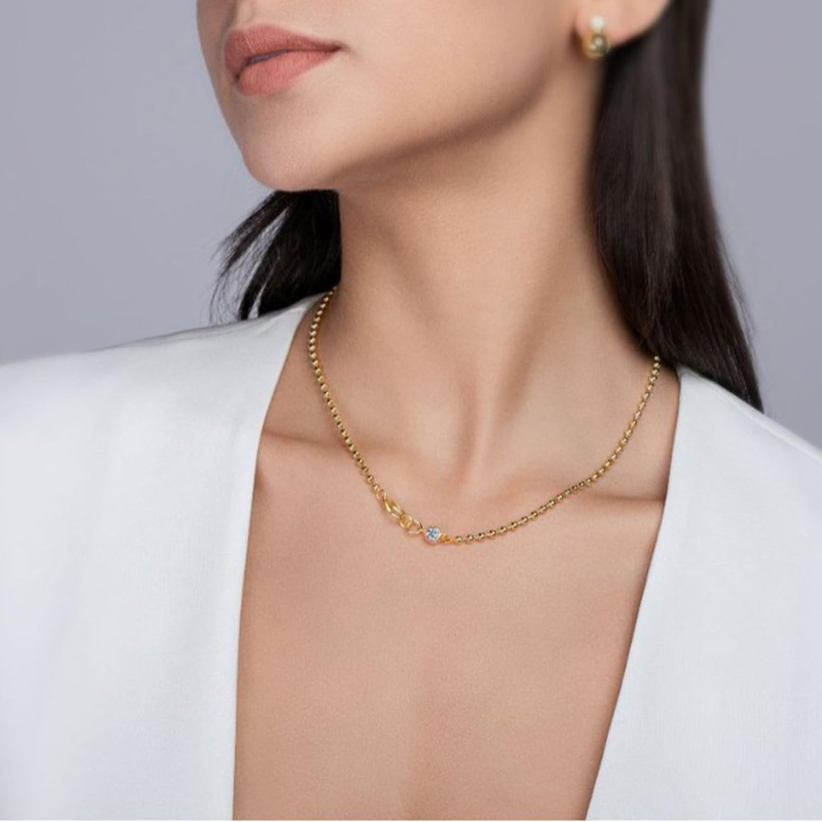 Halskette Gold Lang, Damen Kugelkette mit rundem Moissanit Ketten Anhänger aus Gelbgold, 45cm