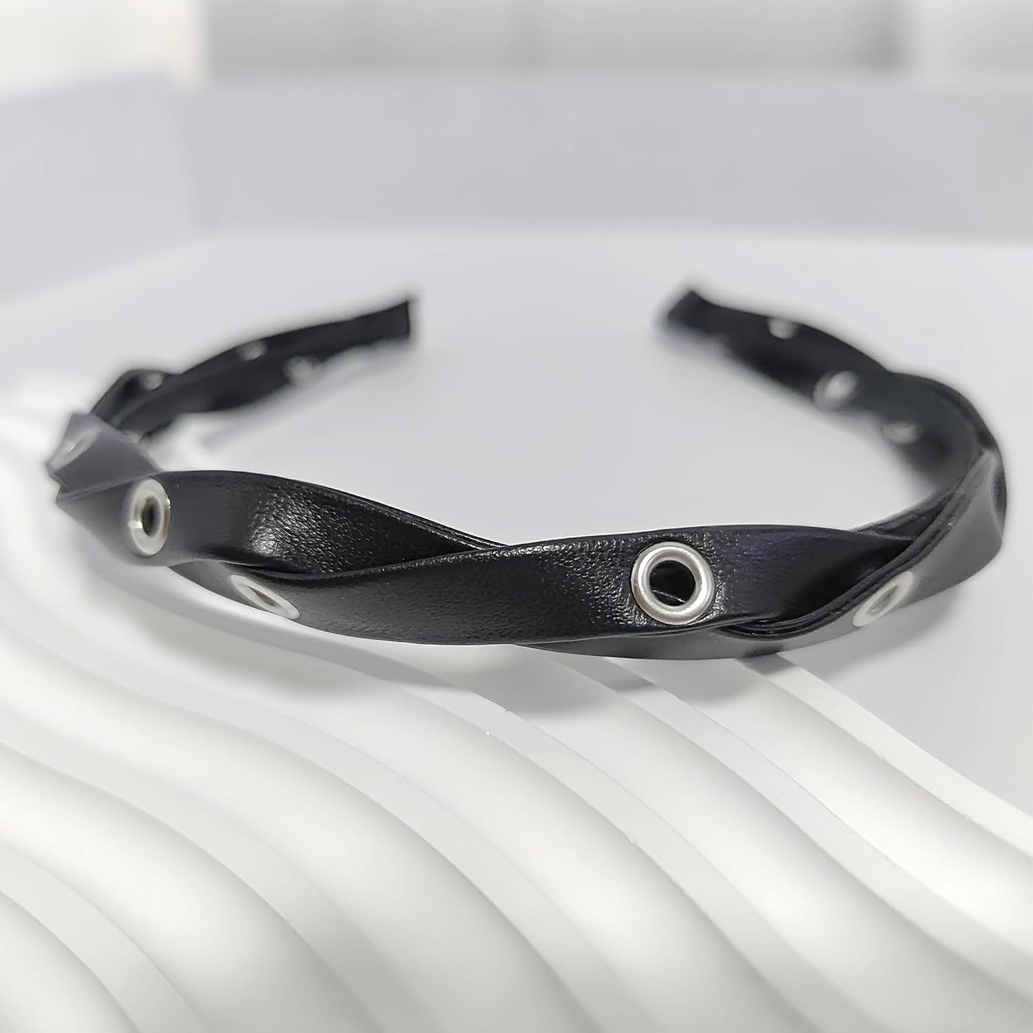 Braided Faux Leather Headband with Silver Grommets, Black image 2