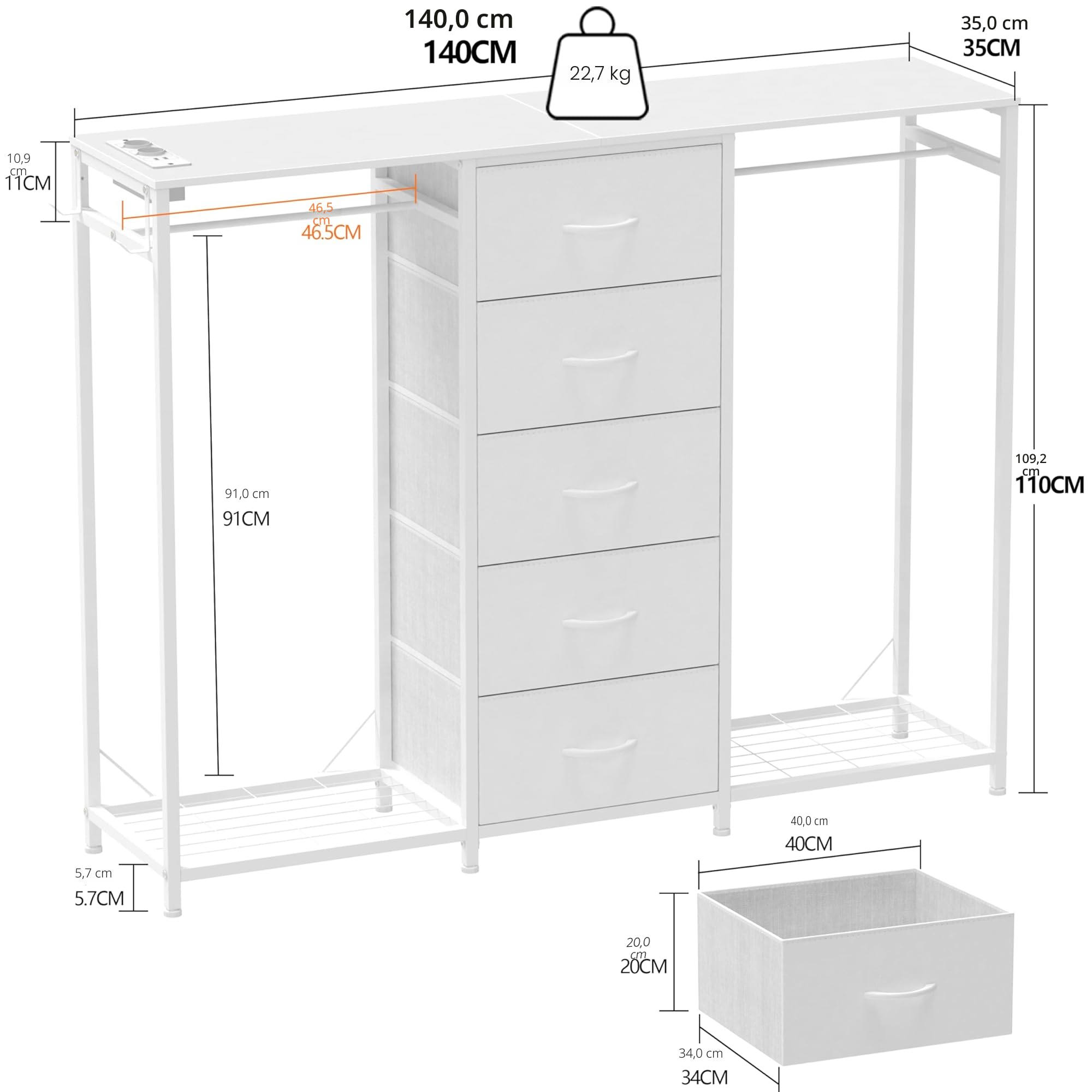 Trironsun Commode à 5 tiroirs avec porte-vêtements - Commode avec tringle à vêtements - Lumières LED - Penderie - Tiroirs - Station de charge - Étagère flexible - Étagères ouvertes pour salon