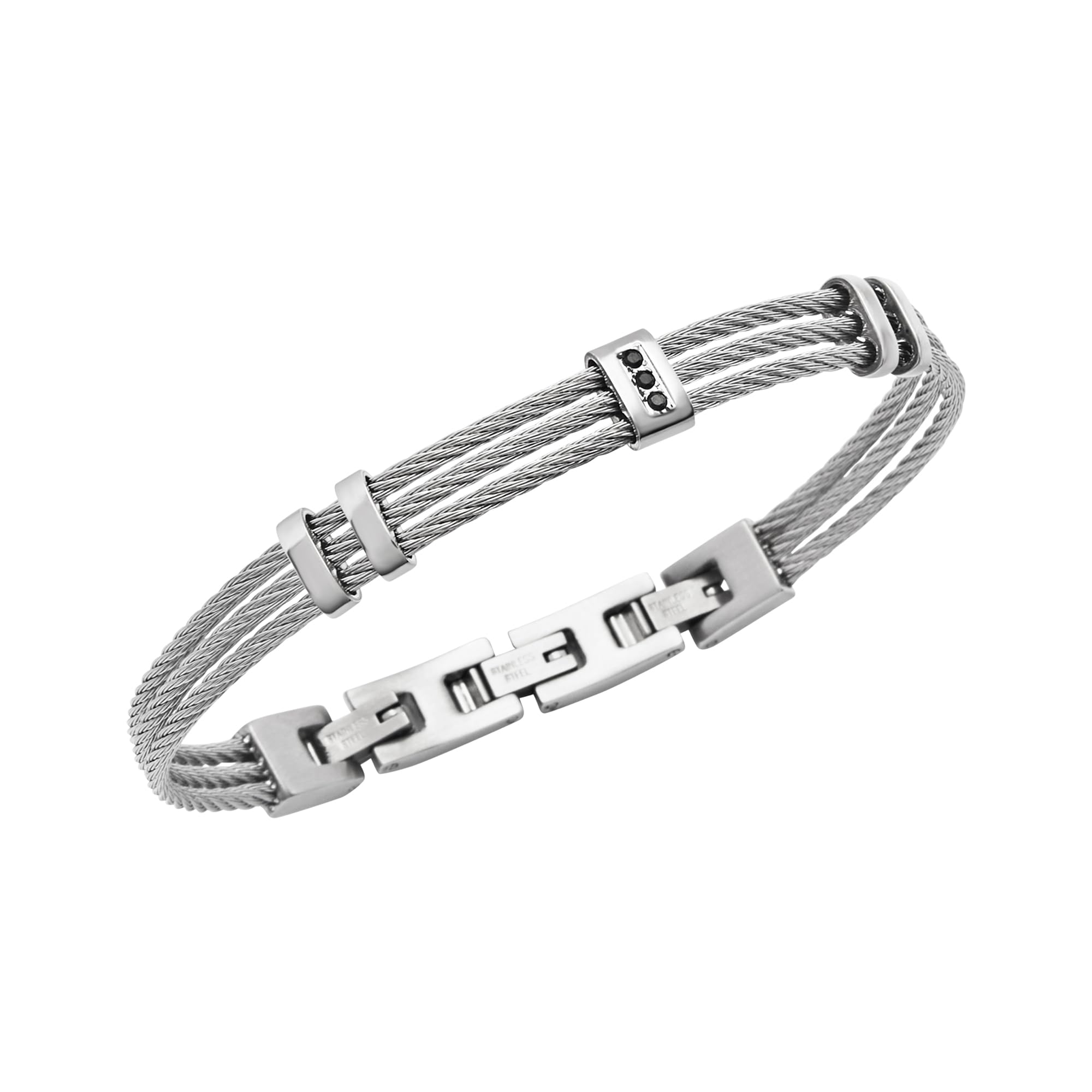 Breil, Collezione Loop, Triplo Bracciale Uomo in Acciaio con Cubic Zirconia Neri, Chiusura a Gioielleria, Lunghezza Regolabile