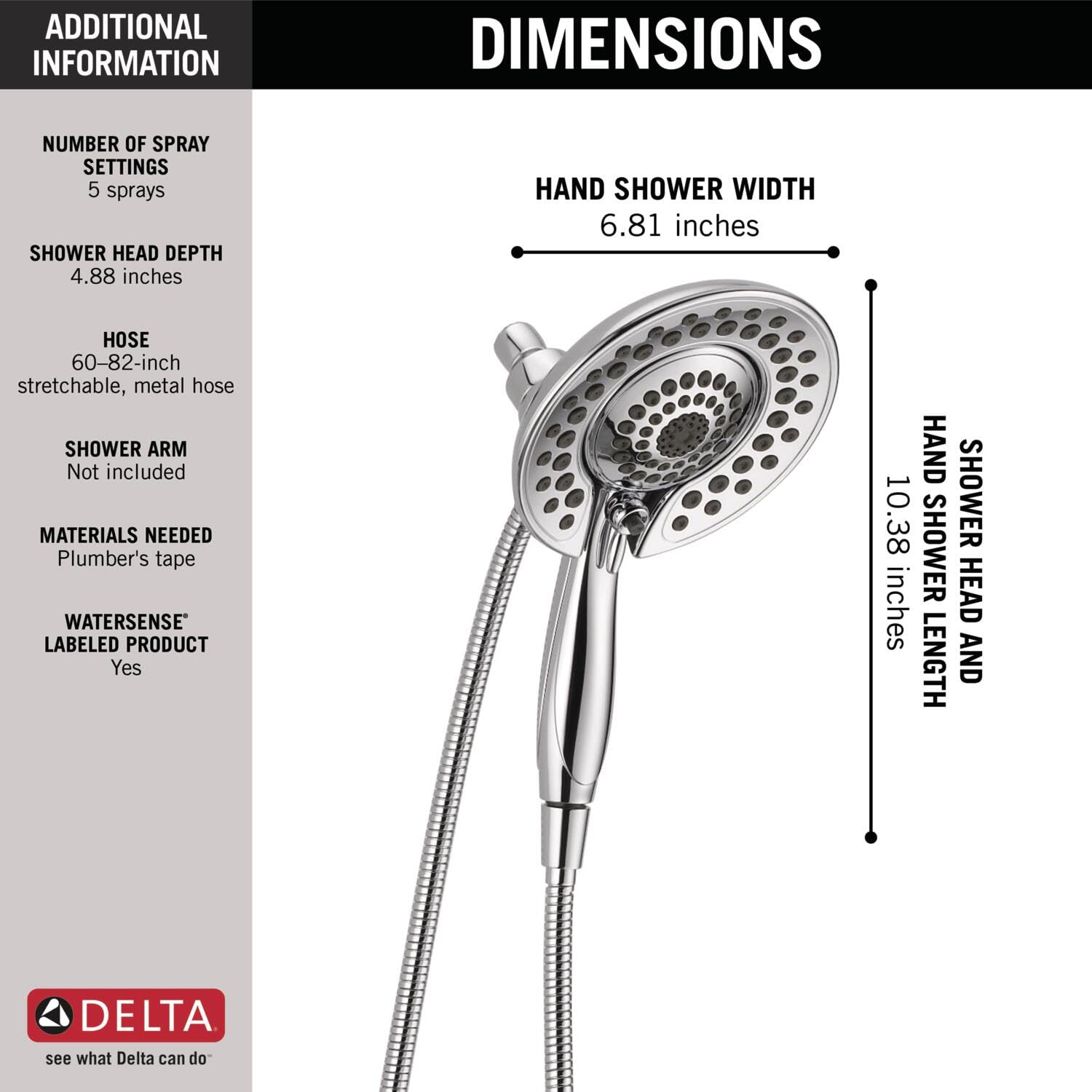 Delta In2ition Certified Refurbished Handheld Shower Head – 5-Setting, Stainless Finish, Wall Mount-821829