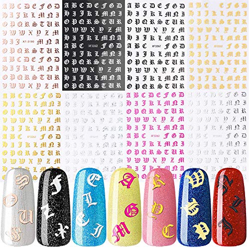 Holographic Letter Nail Art Sticker, 8 Colors Letter Words Old English Alphabet Nail Decals Gummed Character Ultra Thin Nail Adhesive Sticker Holographic Nail Art Decor, 8 Sheets