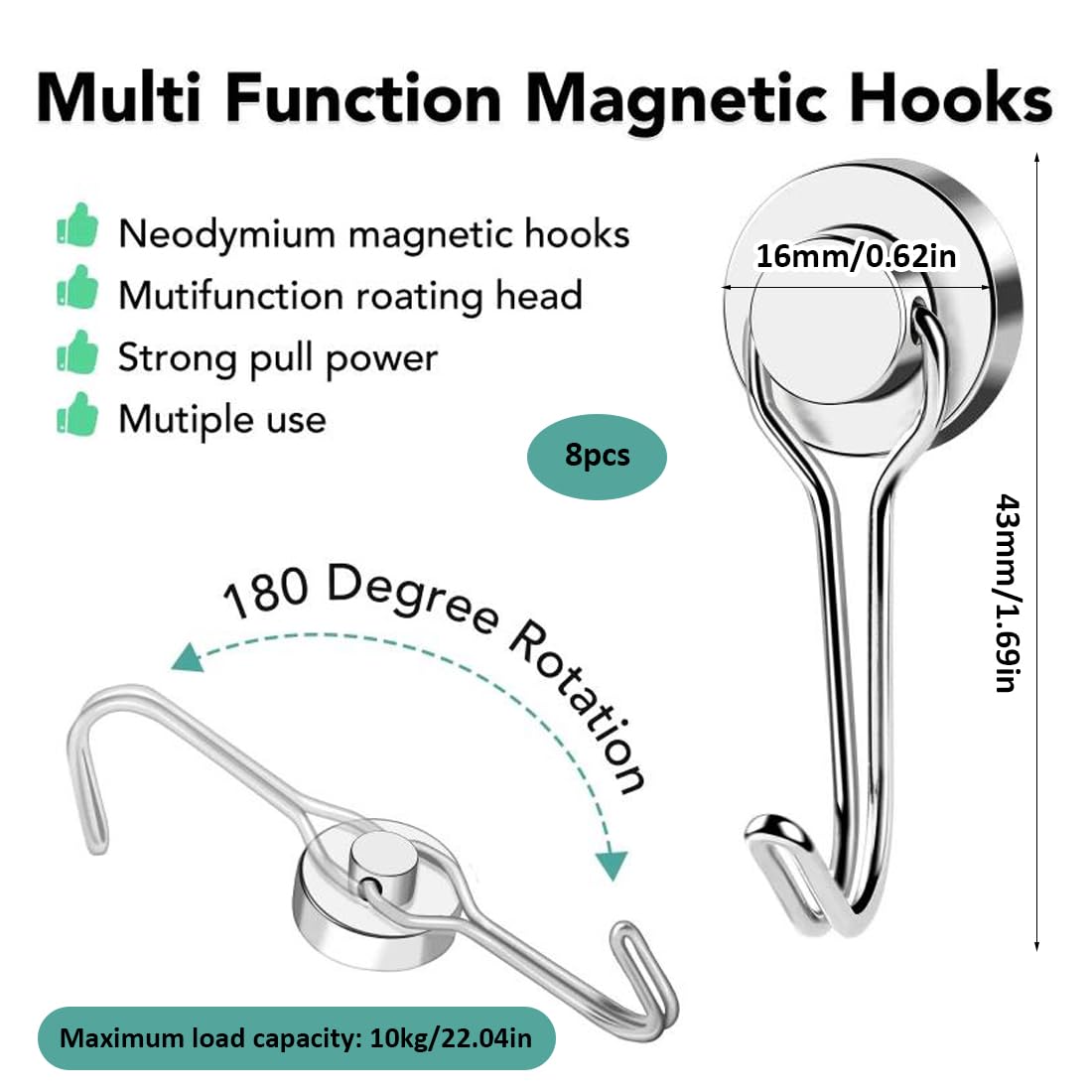 8 Pezzi 20MM Ganci Magnetici 12KG Forza, Neodimio Ruotabile per Cucina, Camera da Letto, Ganci Magnetici Cucina Ruotabile, Ruotabile Magnete con Gancio