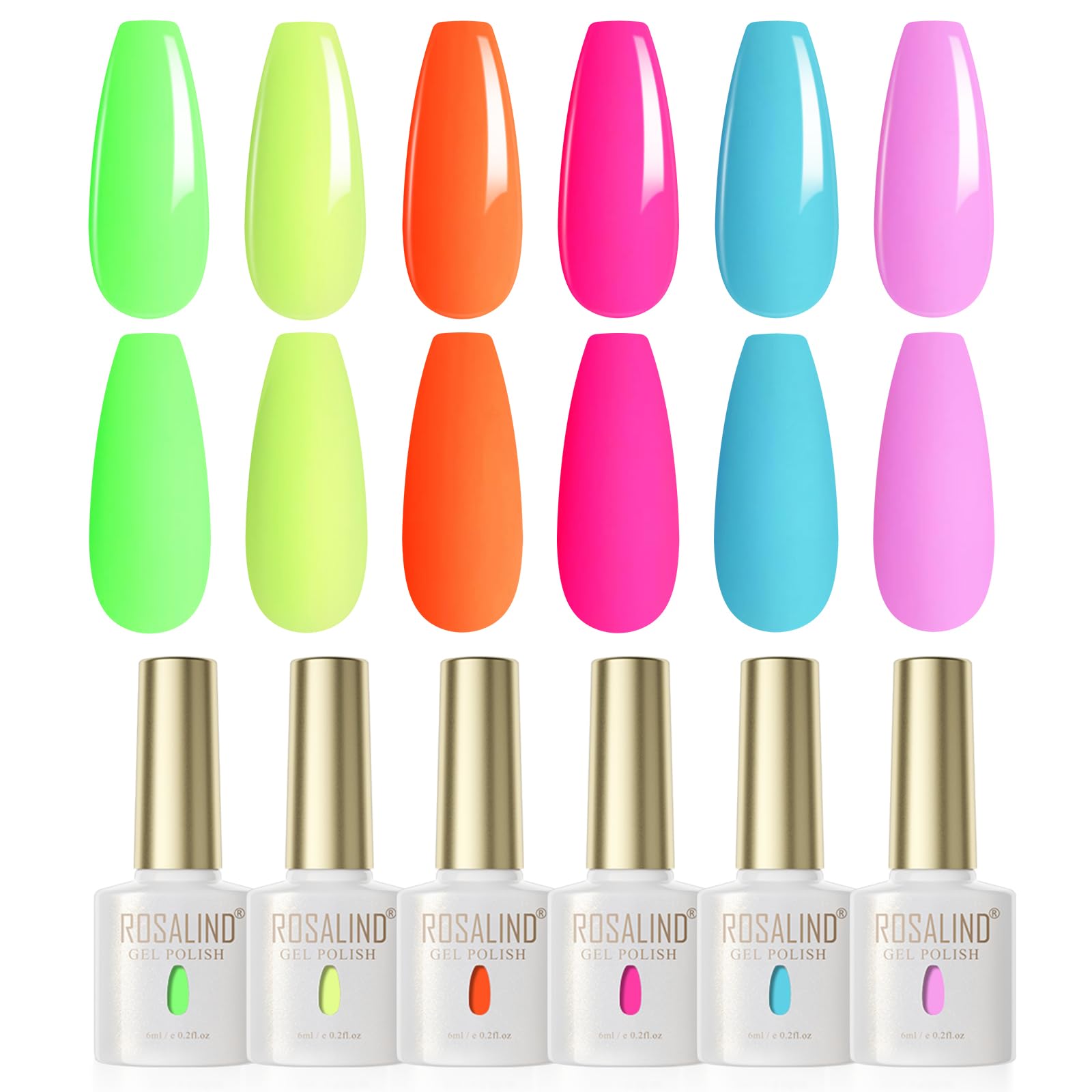 ROSALIND UV Nagellack, 6 Farben Grün Gelb Orange Rosa Blau Farbgel Gel Nagellack, Soak Off Frühling Sommer Farbgel für Gelnägel Maniküre
