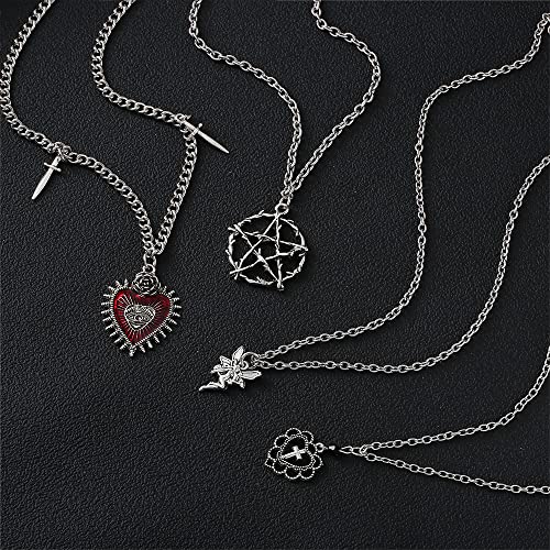 Cogu 10Pcs Gothic Grunge Necklace Set Goth Punk Rock Emo Silver Necklace Jewelry Sword Cross Thorn Pentagram Love Heart Angel Wing Snake Evil Eye Halloween Necklace For Women Girl Teens With Delicate Gift Box #TOP1