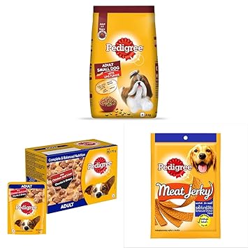 Pedigree Dry Food for Adult Small Dog, Lamb Flavour, 3kg & Wet Dog Food, Chicken & Liver Chunks in Gravy Flavour, Pack of 15 & Meat Jerky Treats for Dogs, Barbecued Chicken Flavour, 80g Pouch