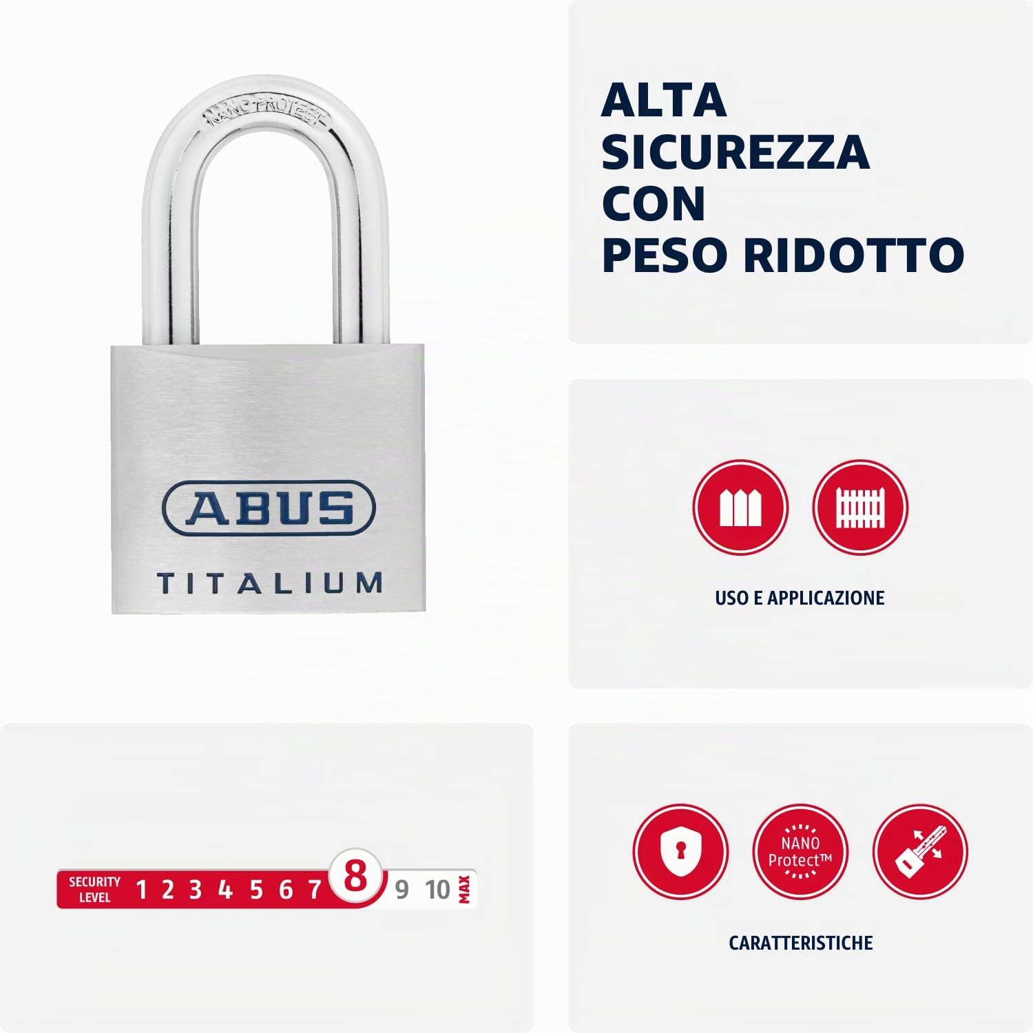 ABUS Lucchetto Titalium 96TI/50 - Alluminio Speciale, Livello di Sicurezza | Corpo massiccio extra leggero, arco in acciaio Nano Protect, chiave reversibile, 50 mm - peso 212 g, chiusura automatica