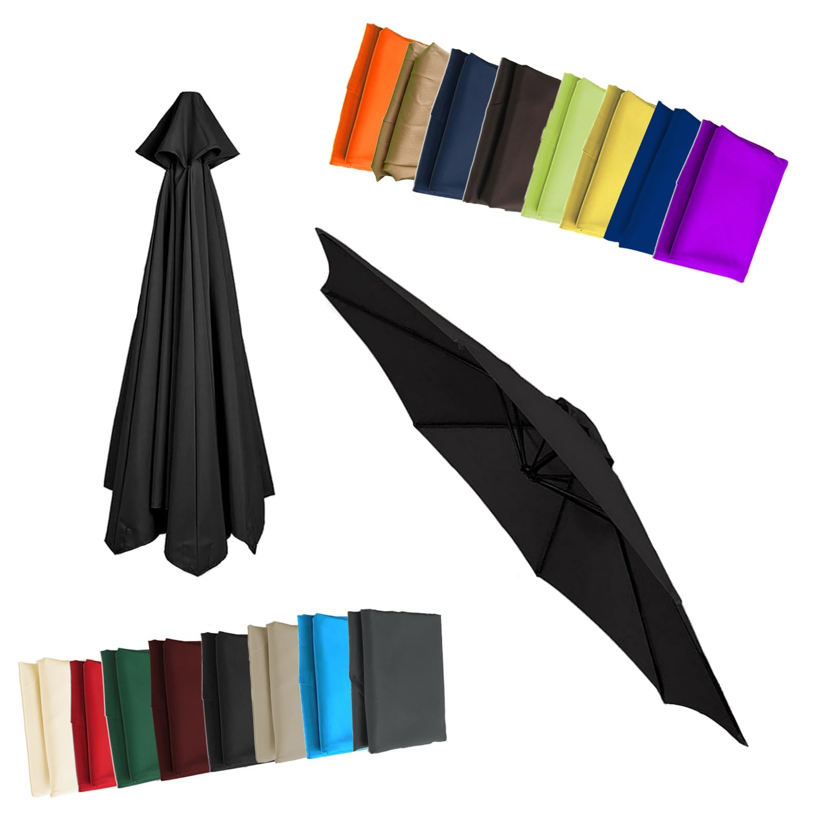 Replacement Parasol Canopy - Cloth For 2/2.3/2.5/2.7/3/3.50m 6/8 Arms Garden Umbrella Replacement Cover Fabric(Black,8.2ft (250cm)/6 Ribs)
