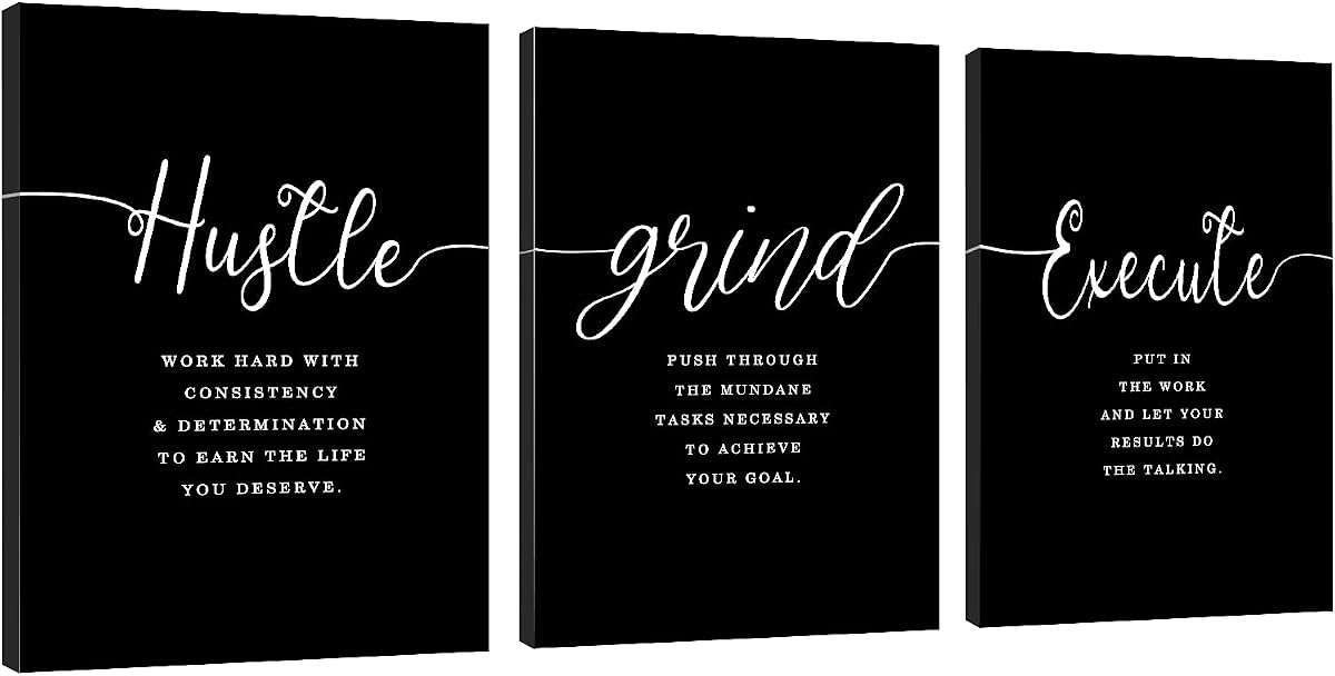 Office Decor - Hustle Quotes Execute Prints, Framed Canvas Wall Art Grind Quote, Office Wall Art, Black Large Poster, Positive MotivationalPrints, Inspirational Print (F-3pcs,12x16inchx3pcs)