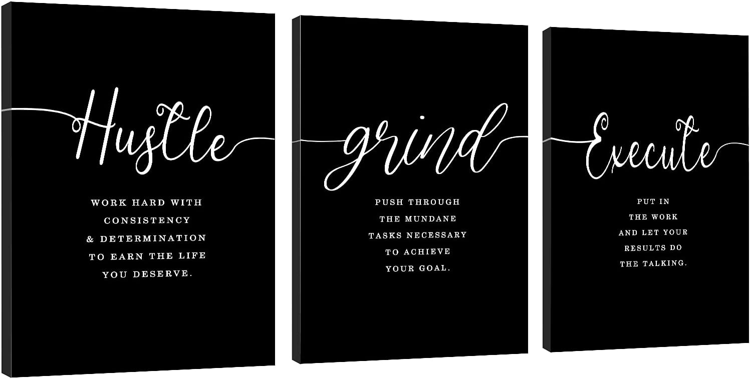 EPHANY Hustle Quotes Execute Prints, Framed Canvas Wall Art Grind Quote, Office Wall Art, Black Large Poster, Positive Motivational Set of 3 Prints, Inspirational Print (F-3pcs,12x16inchx3pcs)
