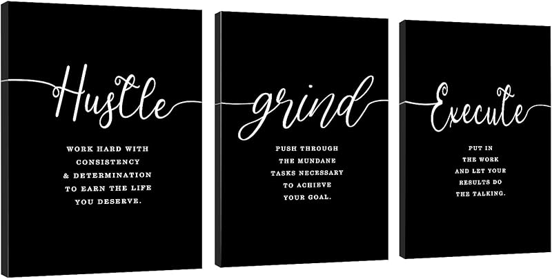 Office Decor - Hustle Quotes Execute Prints, Framed Canvas Wall Art Grind Quote, Office Wall Art, Black Large Poster, Positive MotivationalPrints, Inspirational Print (F-3pcs,12x16inchx3pcs)