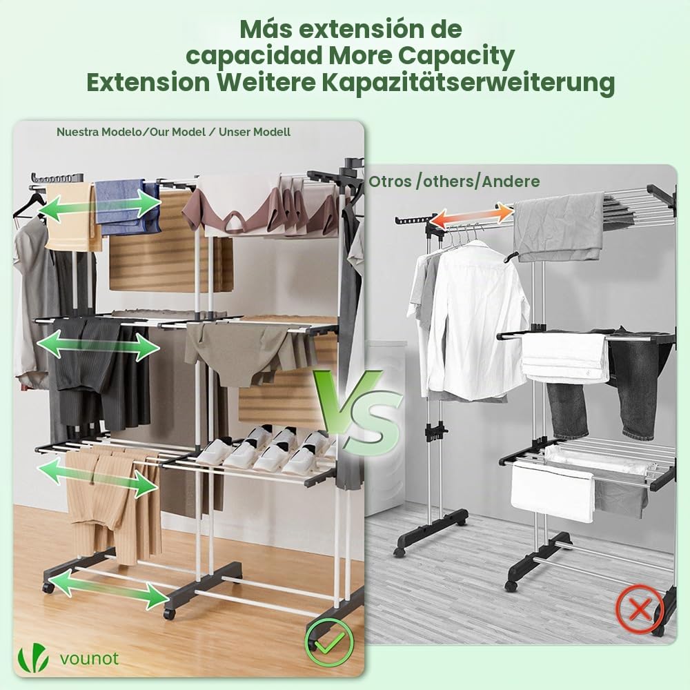VOUNOT® Tendedero Vertical Plegable Retráctil, Tendedores de Ropa Tipo Torre, Estantes de Secado Ropa con Alas Plegables y 6 Ruedas, 3 Niveles, Blanco