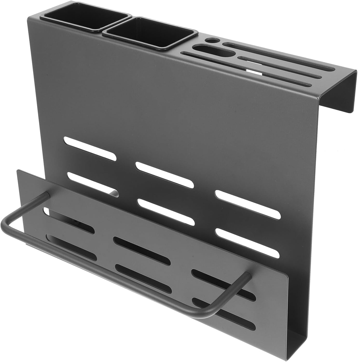 Wall-mount Kitchen Knife Rack and Utensil Holder with Cutting Board Stand, Double Cup Chopstick Container, Gunmetal Gray Multifunctional Organizer for Household Kitchen Storage