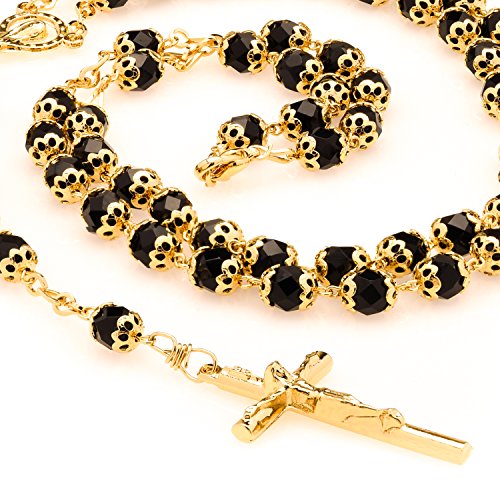 LIFETIME JEWELRY Gold Rosary Crucifix Necklace with Black Crystal Prayer Beads 24K Real Gold Plated4