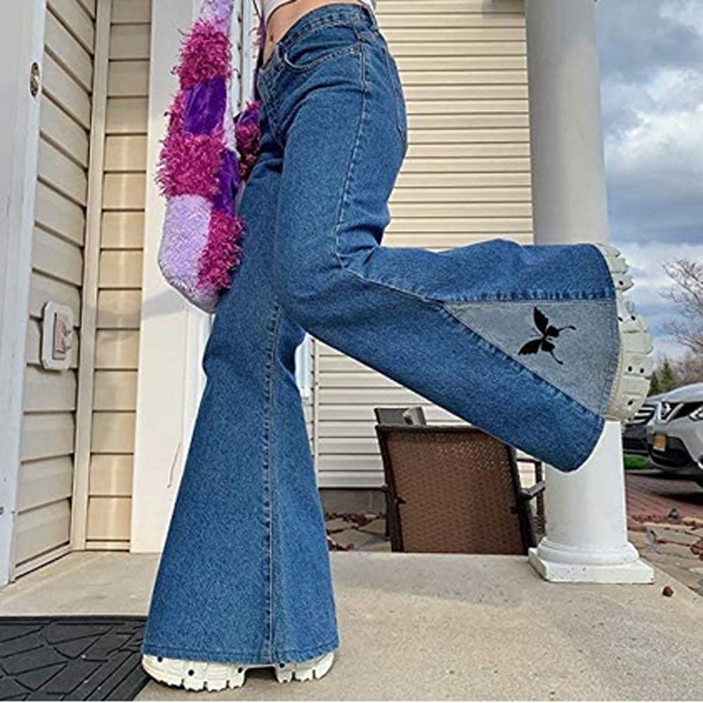 Las mujeres Vintage Jeans De Cintura Alta Denim Rectos Pantalones Niñas Y2K Patchwork Baggy Suelto Slim Elástica Larga Campana Jeans