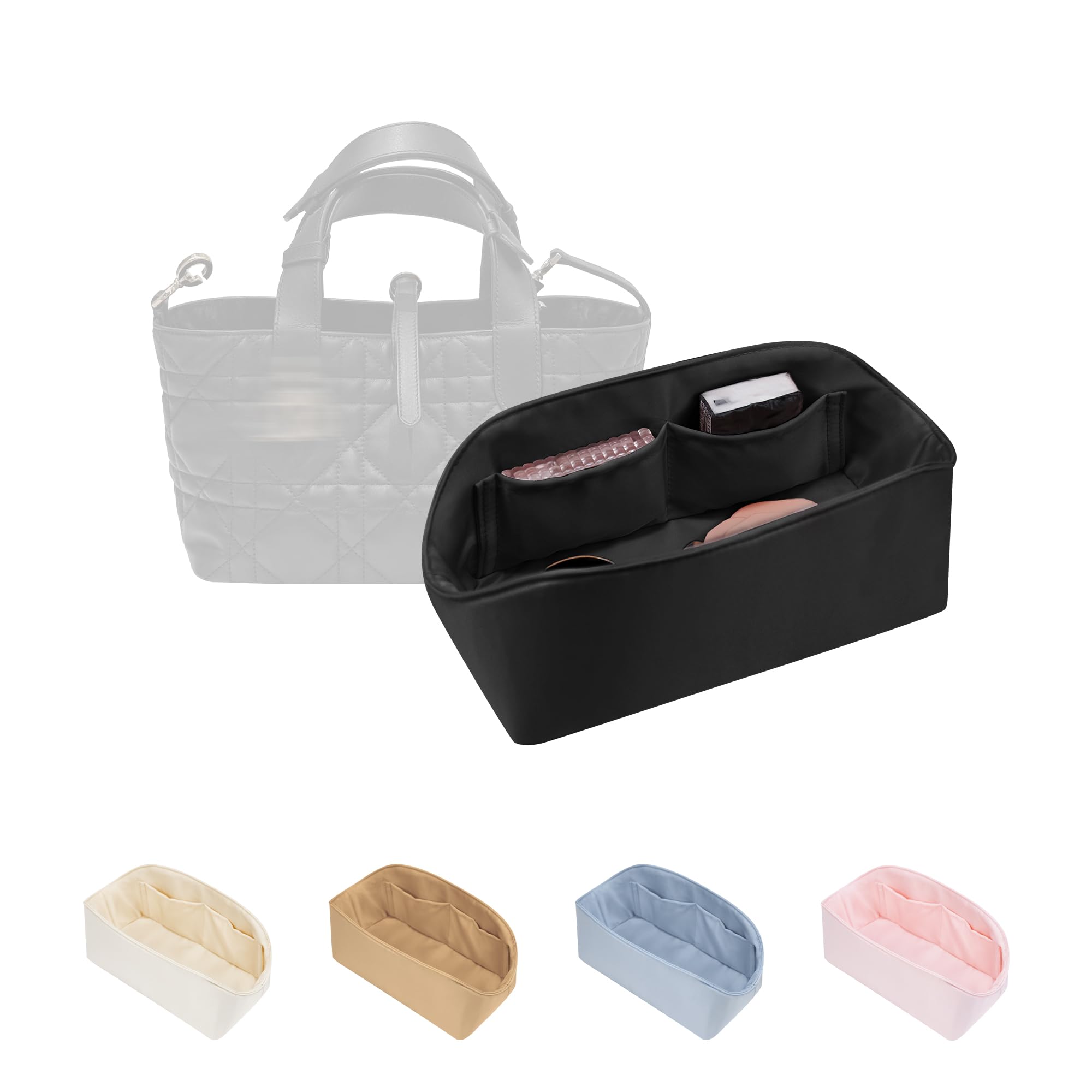 Purse Organizer Insert for Dior Toujours Large Bags, Satin Luxury Bag Insert, Lightweight &amp; Portable Purse Shaper with Pockets, Ideal for Travel, Shopping, and Daily Use(Black, Toujours L)