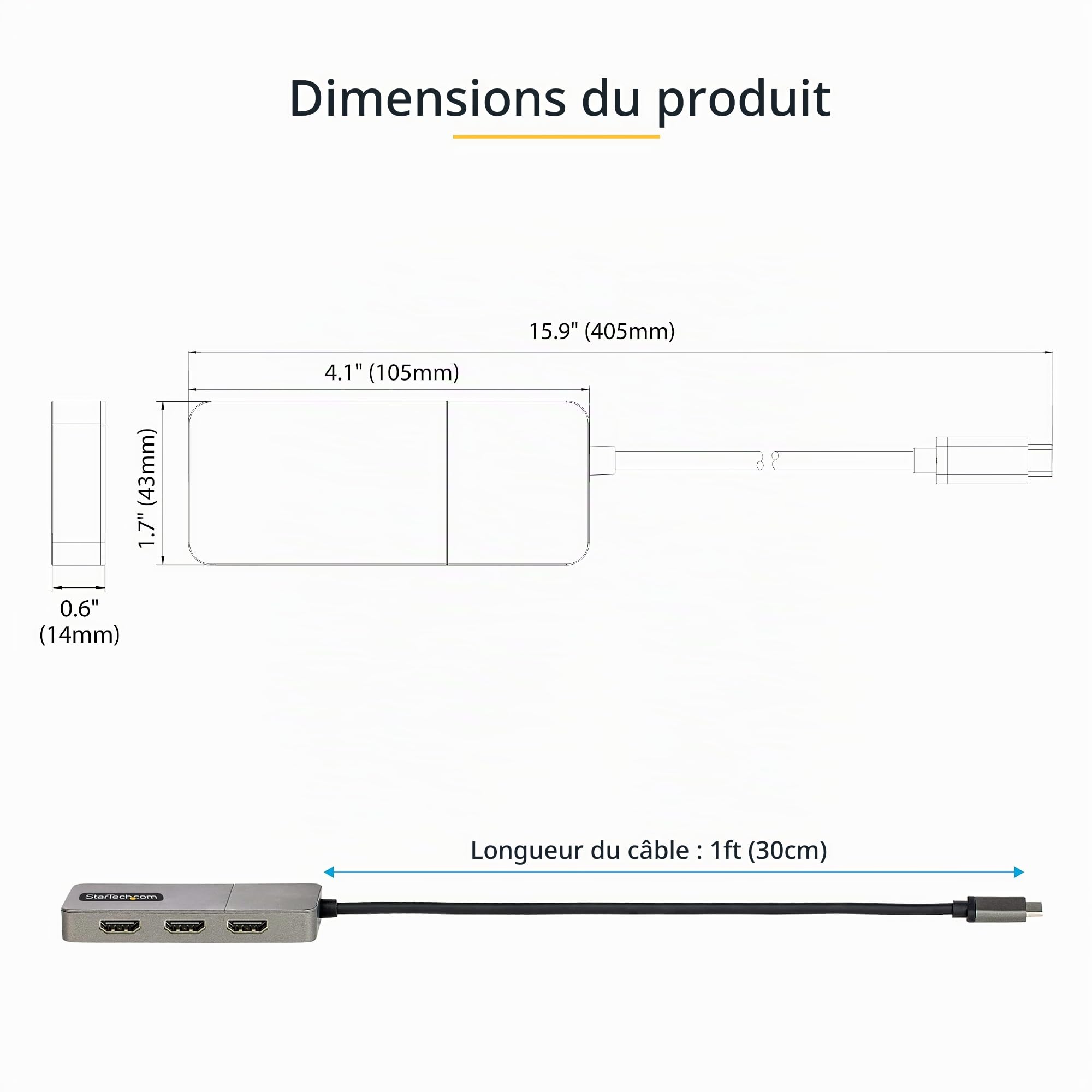 StarTech Hub MST USB-C vers Triple HDMI 4K 60Hz, HDR, DSC, Audio 2 canaux