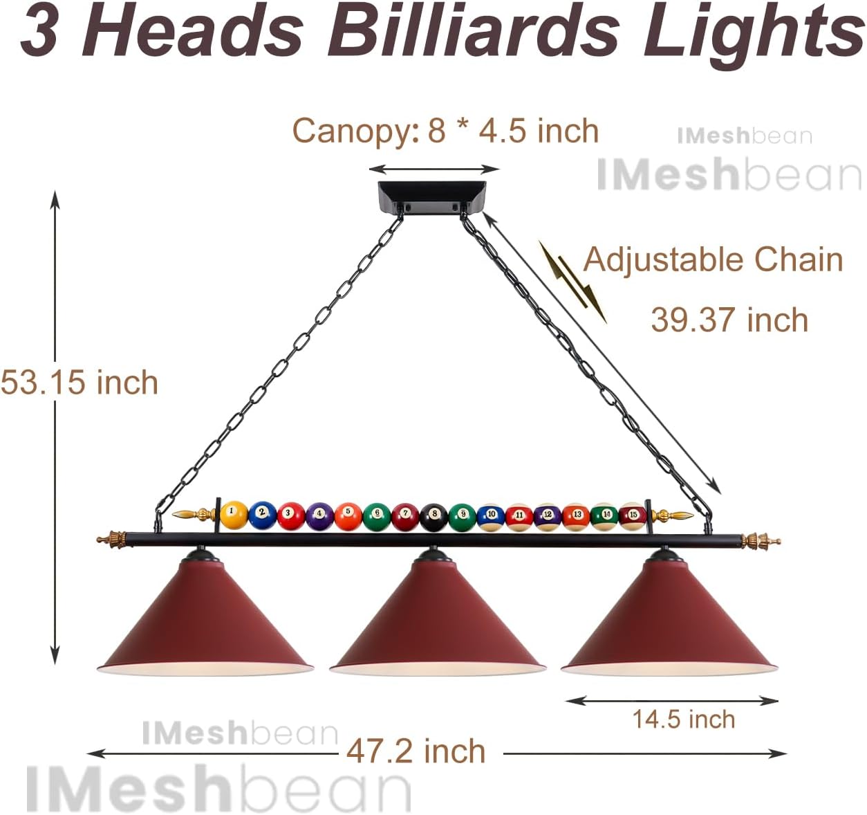 Pool Table Light, 47" Fixture for 7' 8' Tables, Hanging Over Billiards With Real Ball and 3 Metal Lamp Shades for Game Room