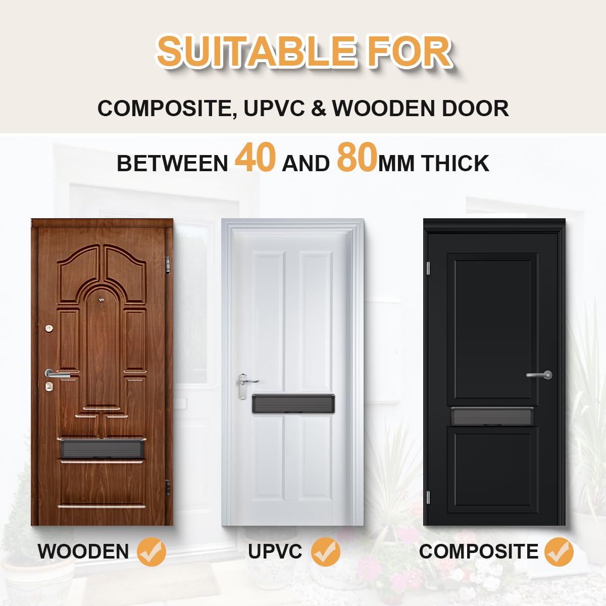 Bwintech 1 lot de boîtes aux lettres en aluminium noir de 305 x 70 mm à profondeur réglable, convient pour portes intérieures et extérieures de 40 à 80 mm d'épaisseur en bois, UPVC, composite