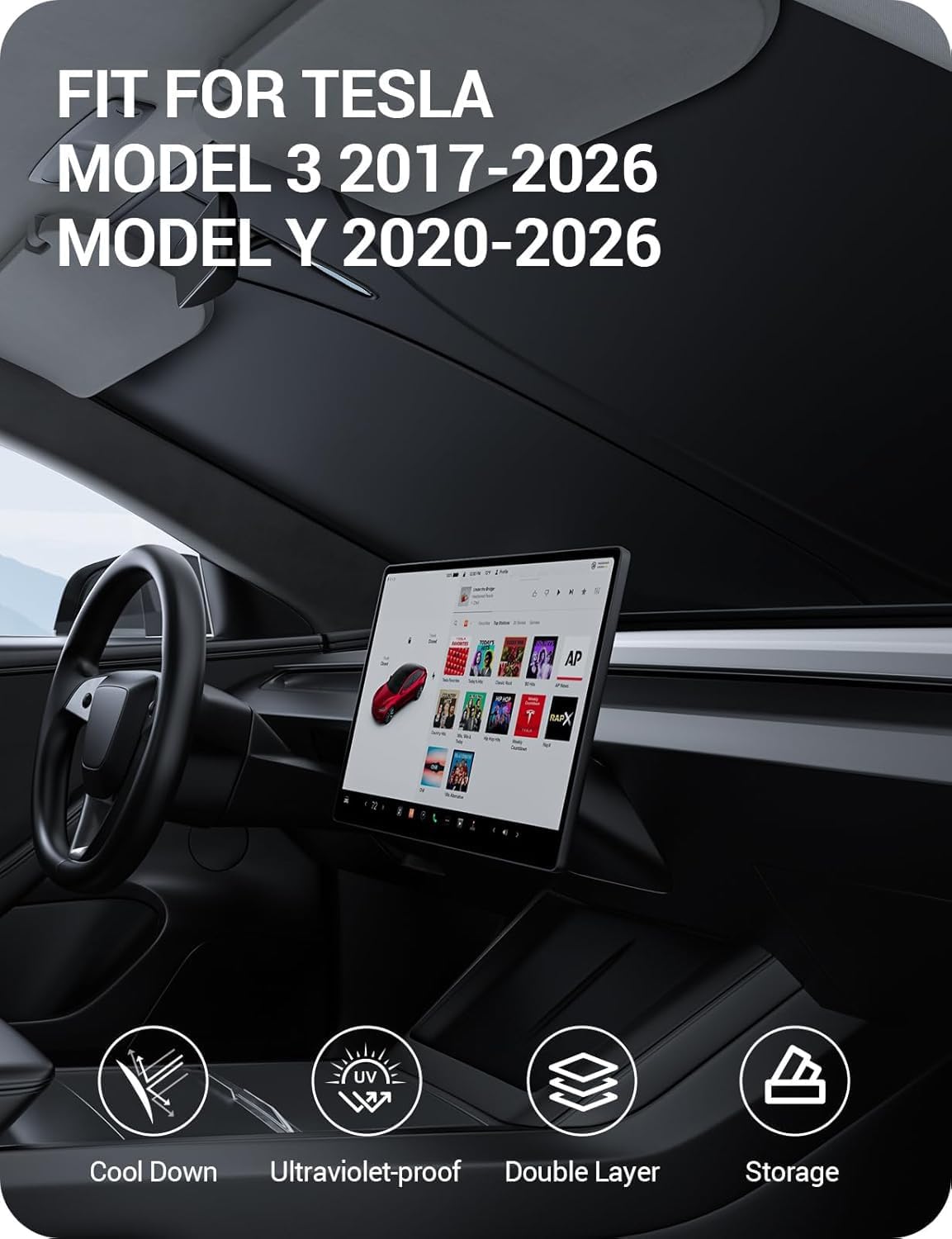 BASENOR 2017-2026 Tesla Model Y Model 3 Windshield Sunshade, Folding Front Window Sun Shade Full Cover, Heat UV Protection Visor Accessories (Standard/Premium/Performance)